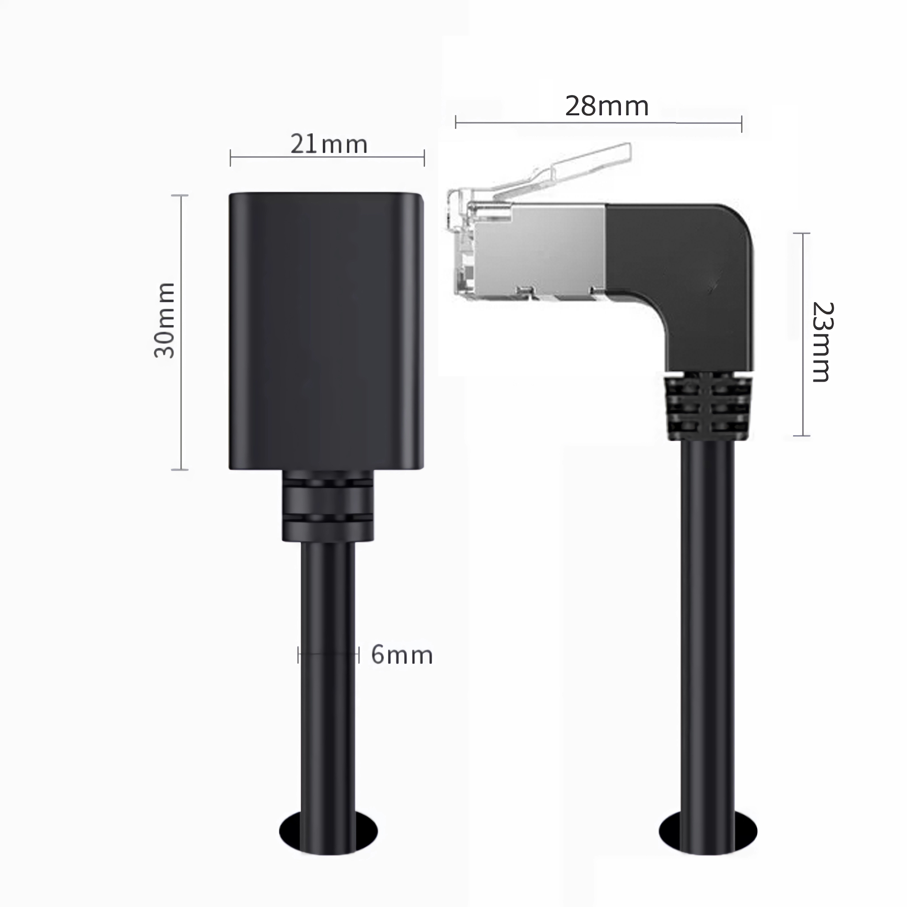 Schwarzer 90-Grad-Ethernet-Adapter mit Größenangaben.