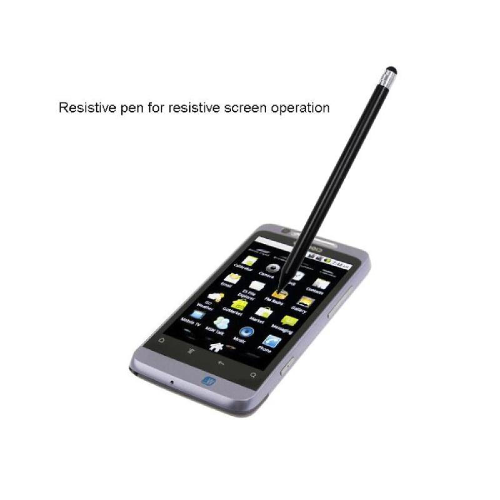 Ein schwarzer Eingabestift bedient ein Smartphone mit vielen App-Symbolen.