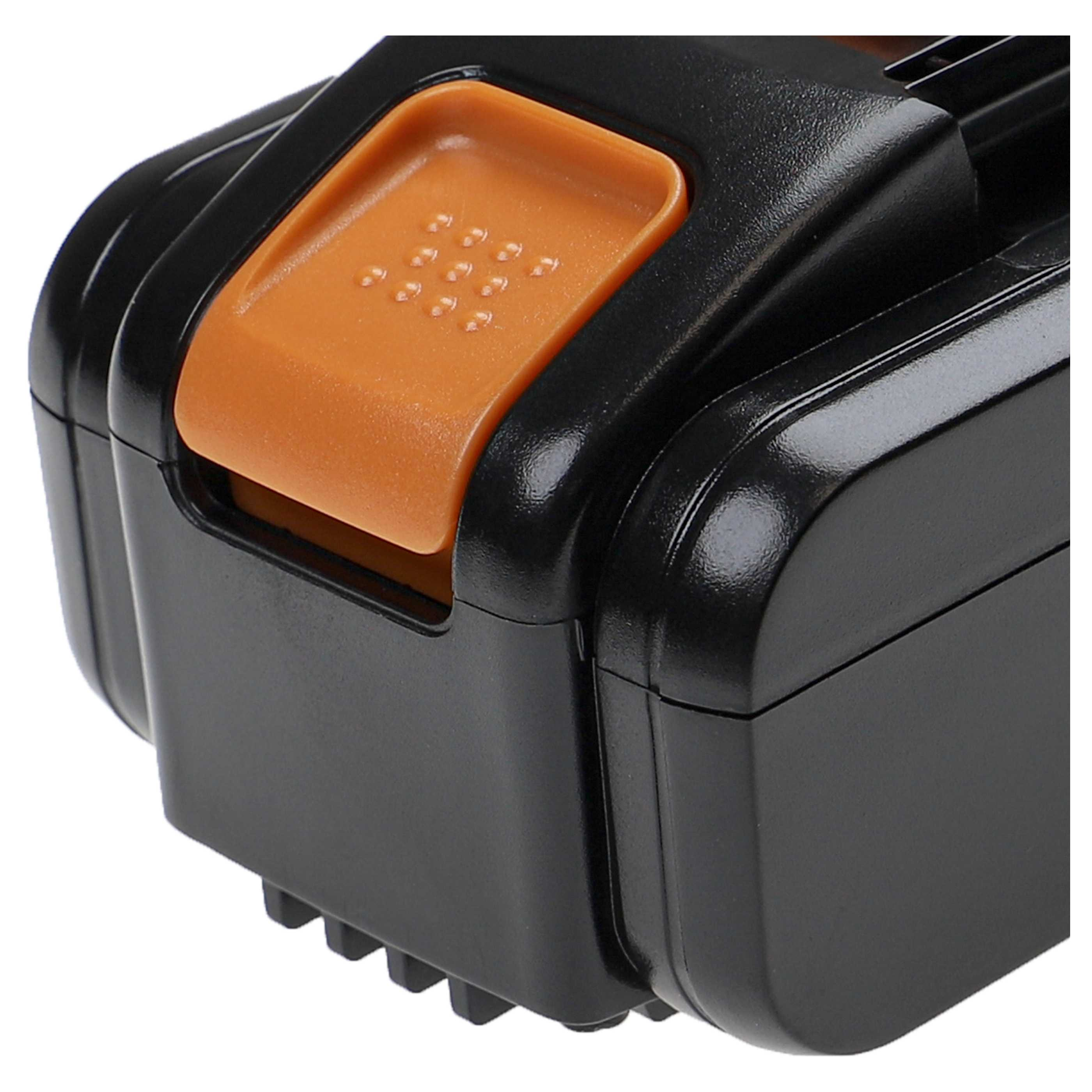 Ein schwarzer Akku mit einem orangefarbenen Knopf mit kleinen Punkten.