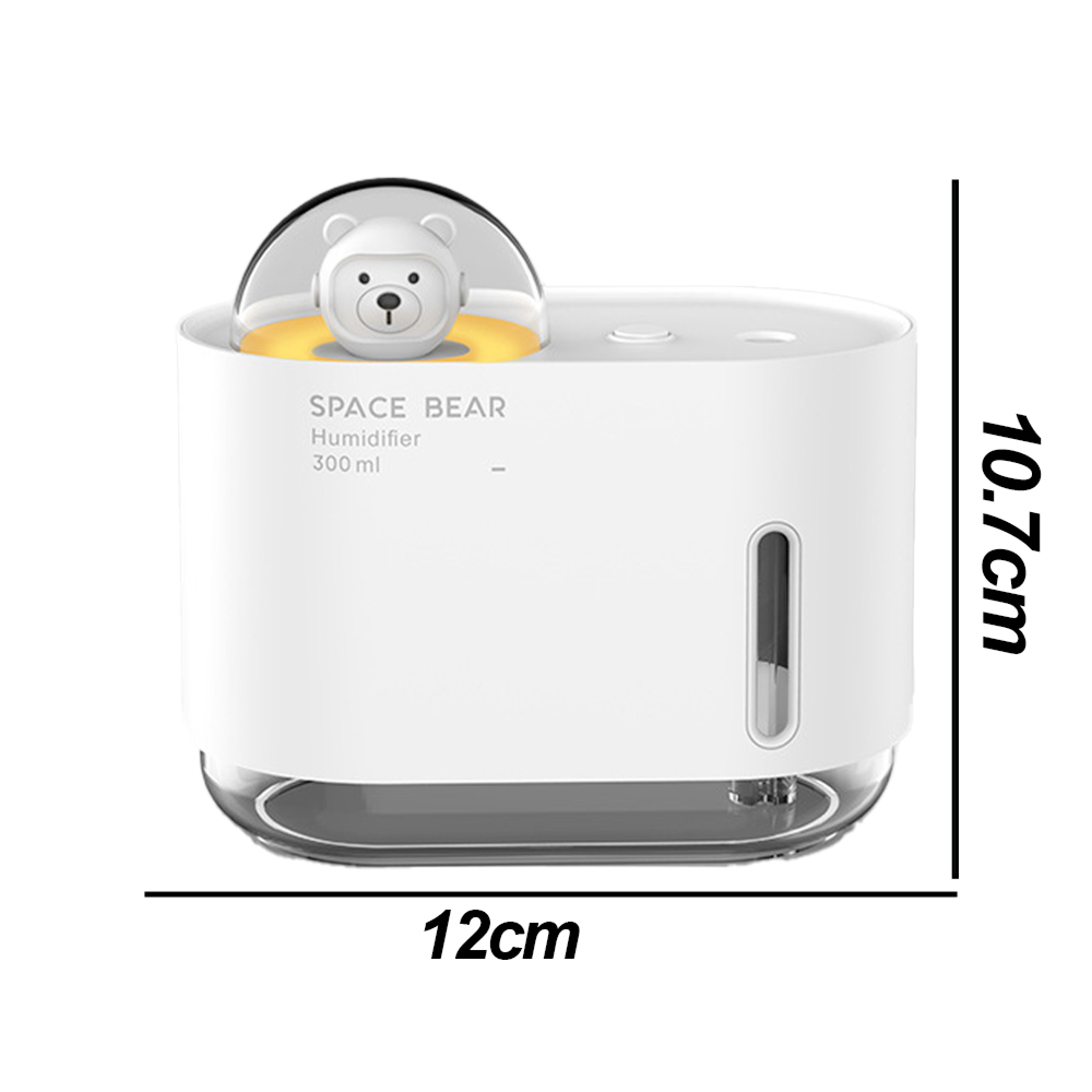 Ein weißer Luftbefeuchter mit einem Bärener-Design oben, beschriftet mit 'SPACE BEAR' und '300ml'.