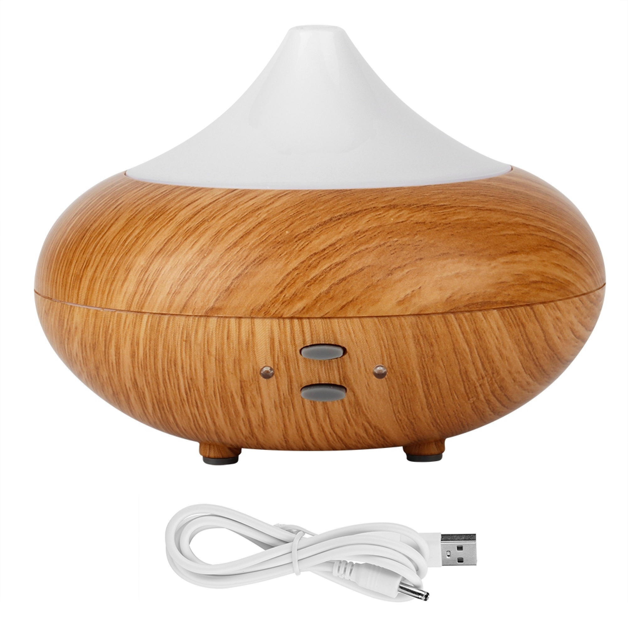 Ein Diffusor für ätherische Öle mit Holzmaserung, weißem Oberteil und weißem USB-Kabel.