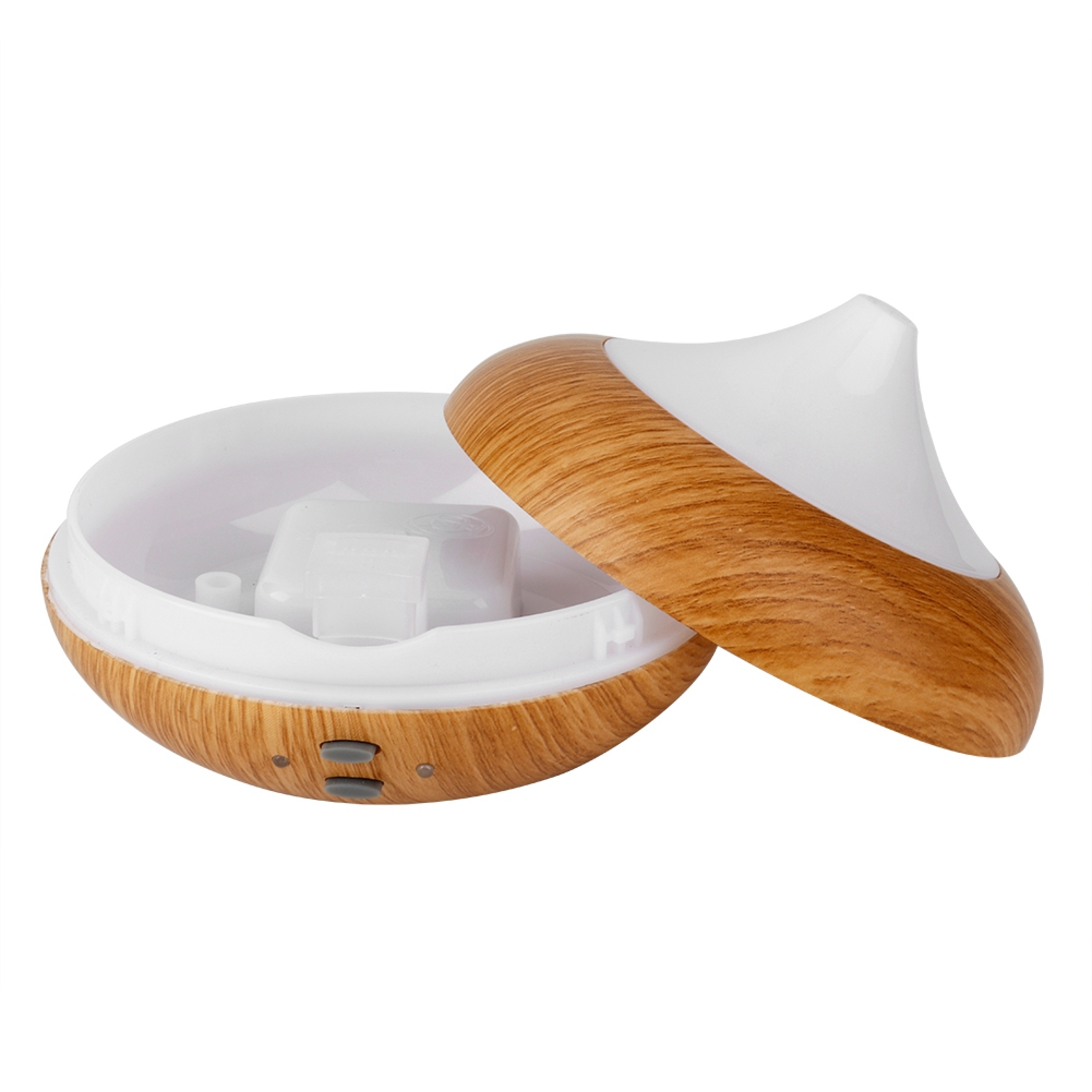 Ein offener Diffusor mit Holzmaserung und weißem Deckel, auf weißem Hintergrund.