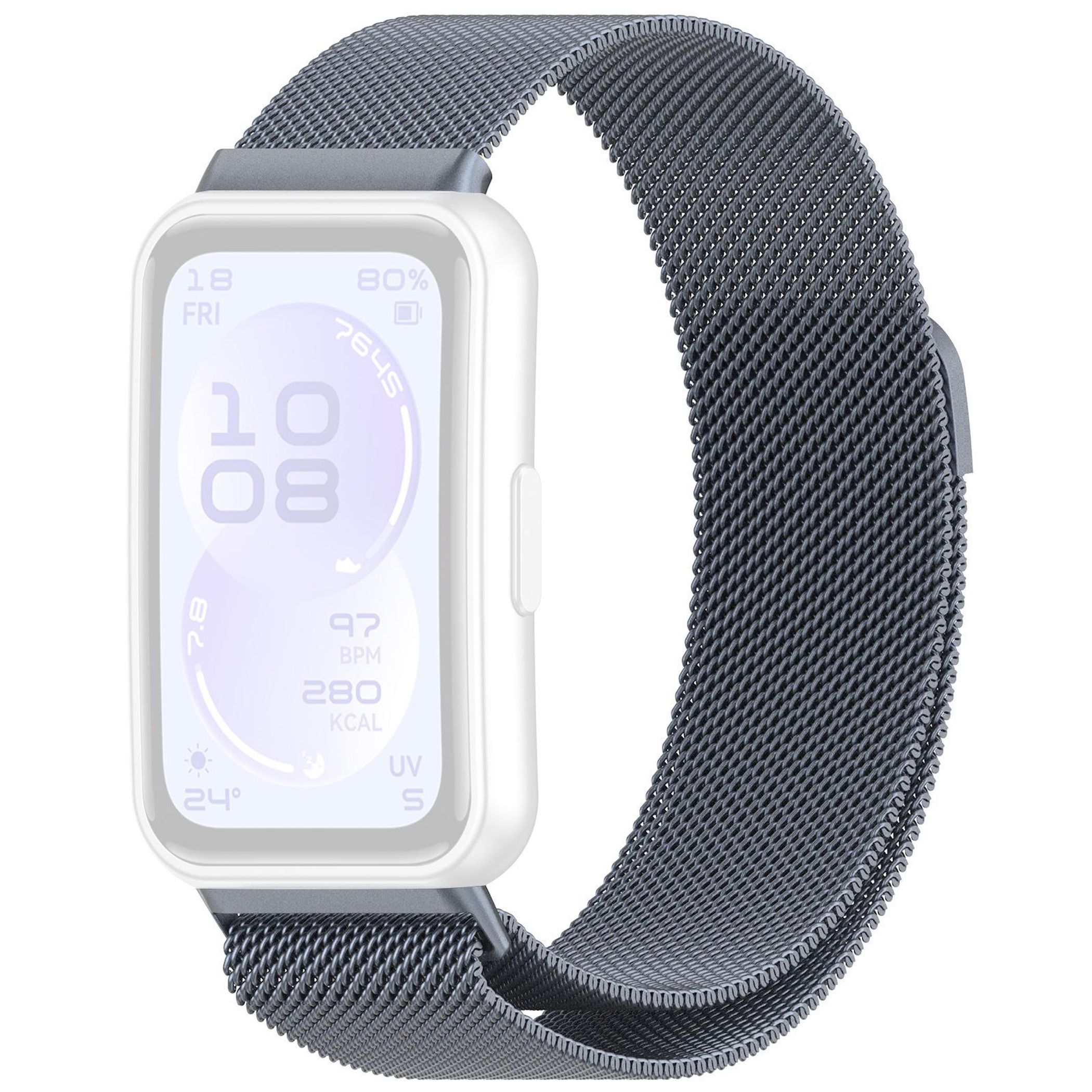 Graues Mesh-Armband für eine Smartwatch mit hellem Display, das Uhrzeit, Datum & Vitalwerte anzeigt.