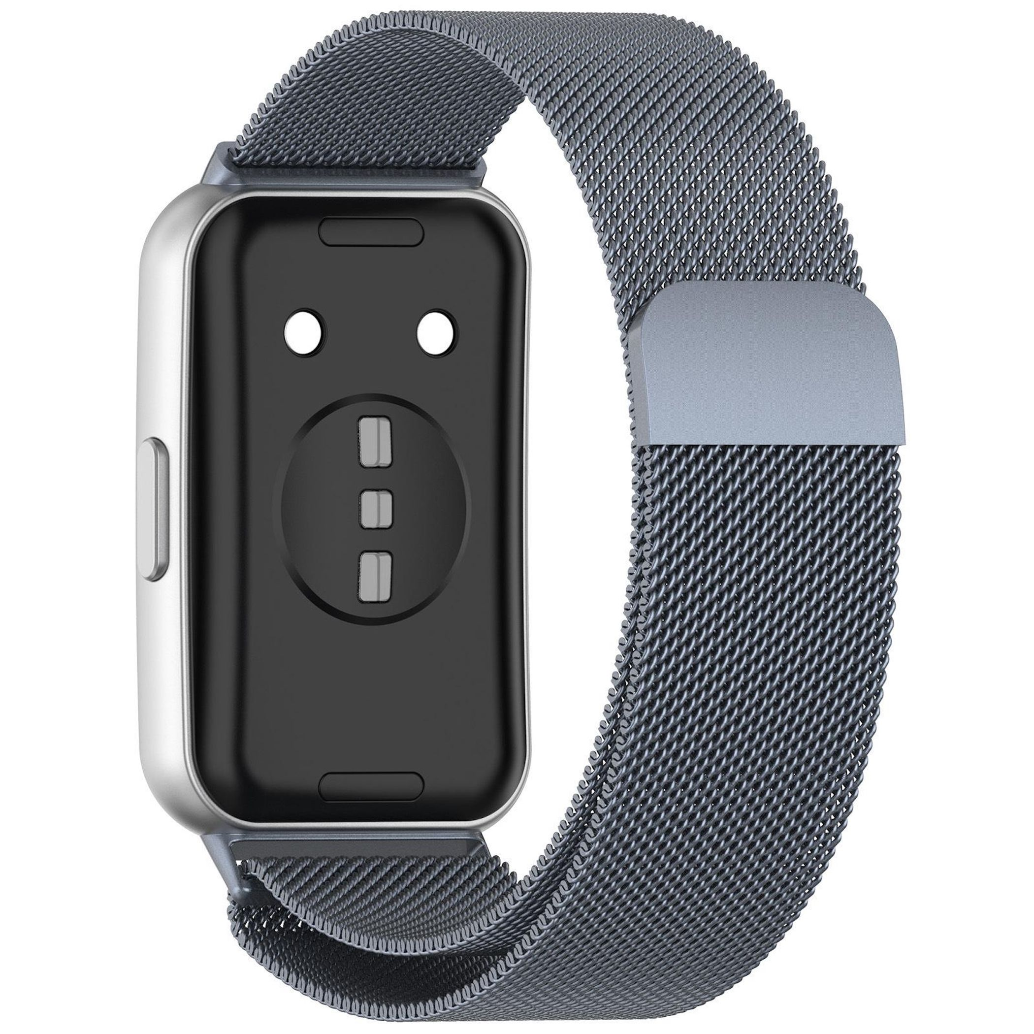 Rückseite einer Smartwatch mit silbernem Metallarmband und schwarzen Sensoren.