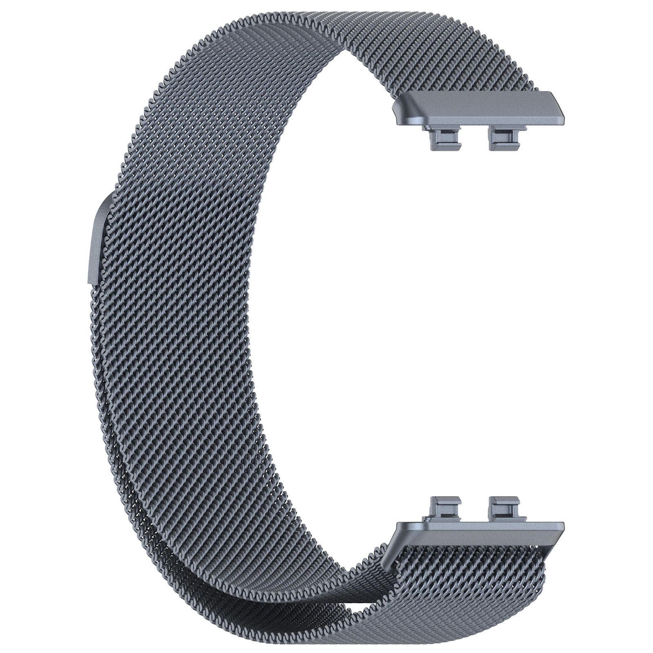 Graues Metall-Uhrenarmband mit Netzstruktur und Schnellverschluss.