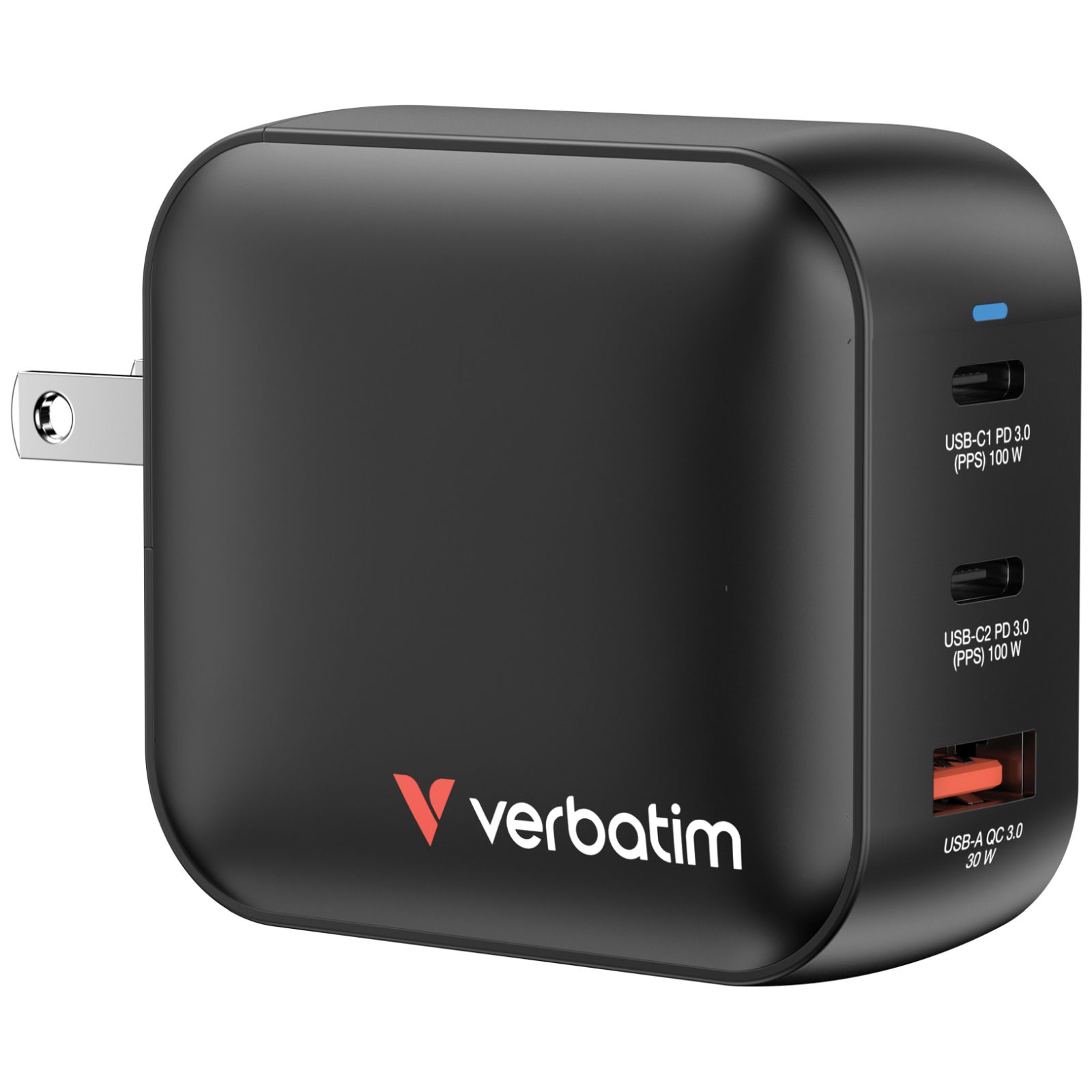 Schwarzes Netzteil mit USB-C und USB-A Anschlüssen und Verbatim-Logo.
