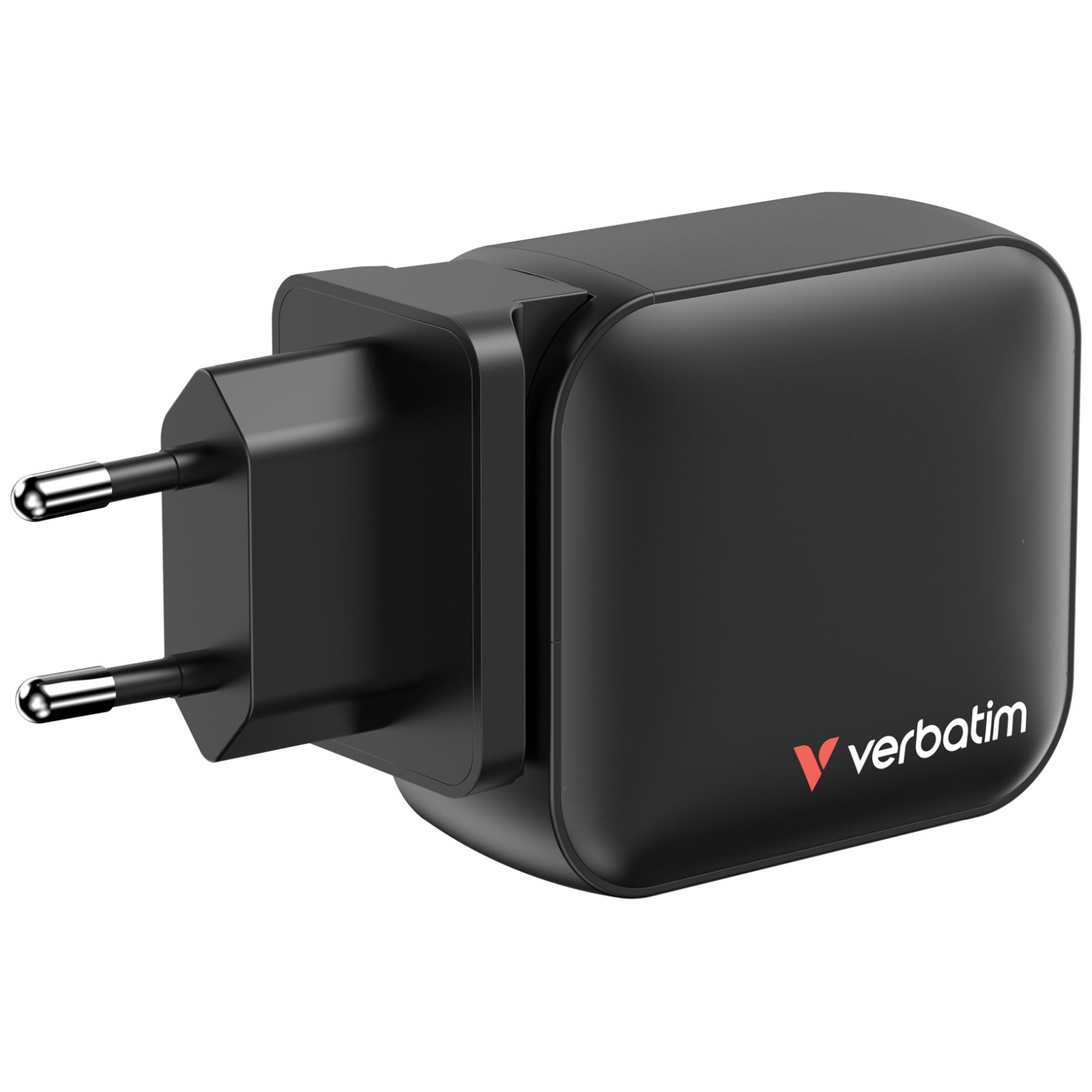 Ein schwarzes Verbatim USB-Ladegerät mit zwei silbernen Stiften auf weißem Hintergrund.