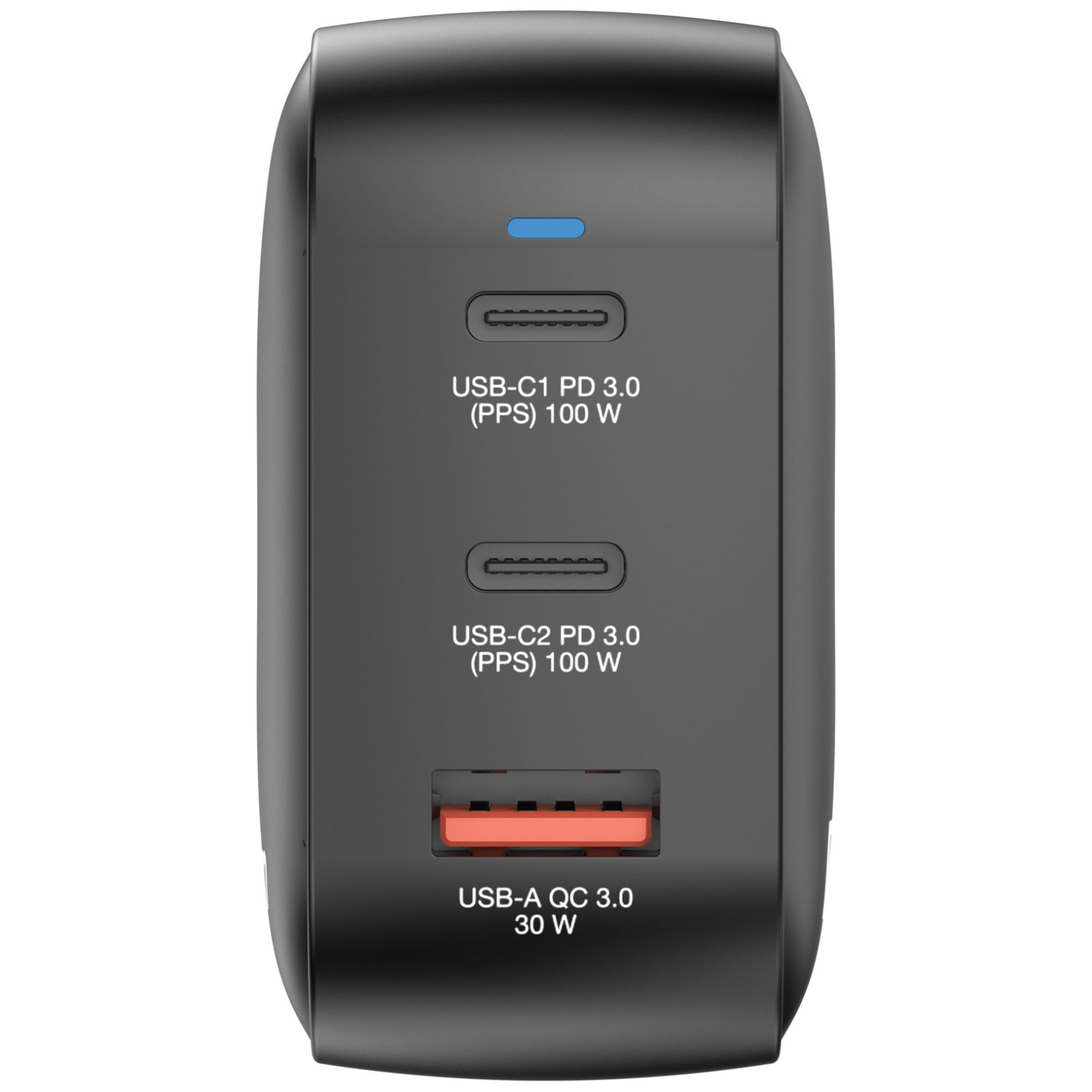 Schwarzes Ladegerät mit 2 USB-C und 1 USB-A Anschluss.