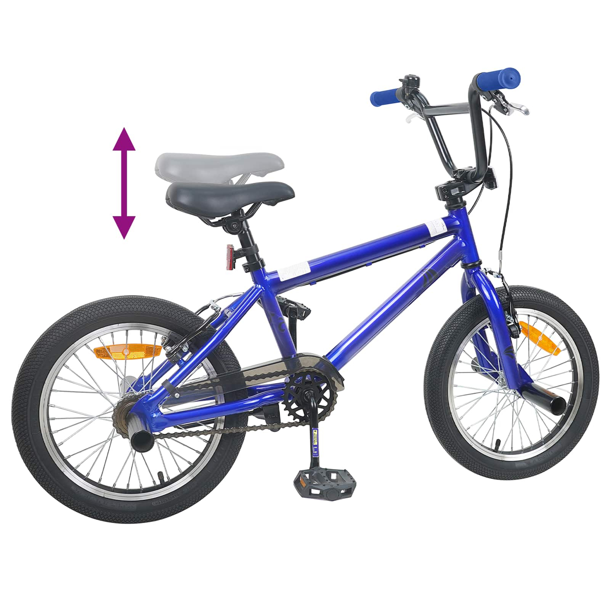 Ein blaues BMX-Fahrrad mit einem verstellbaren Sattel und zwei Rädern.