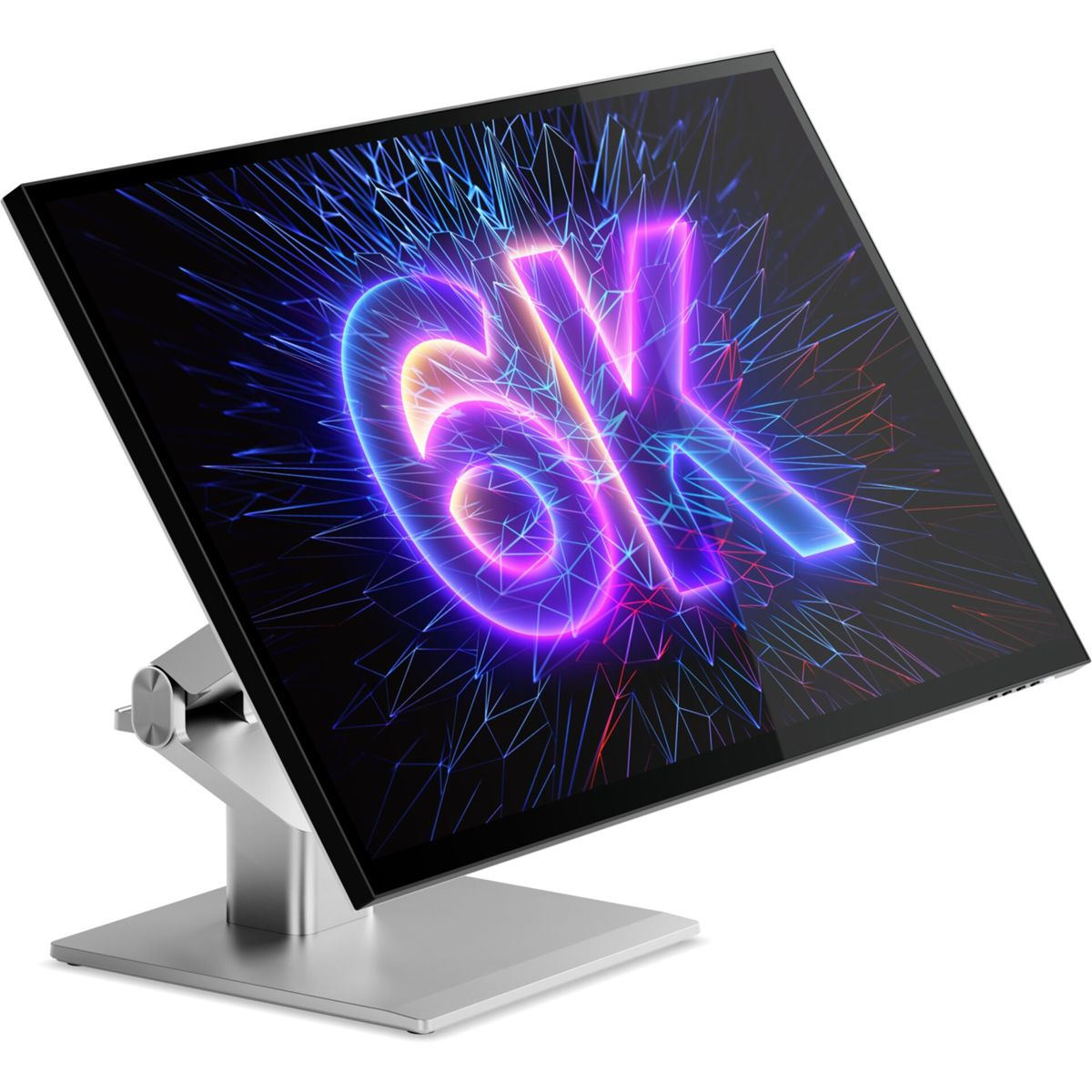 Un monitor elegante mostra '6K' in neon viola e arancione su sfondo digitale.