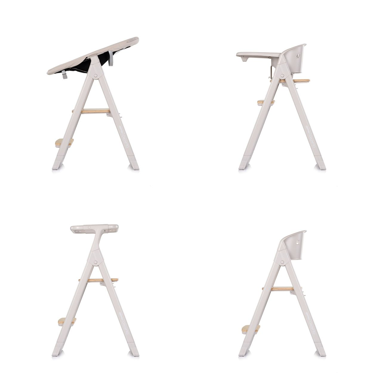 Ein heller Hochstuhl in vier Ansichten, zusammengeklappt und ausgestellt.