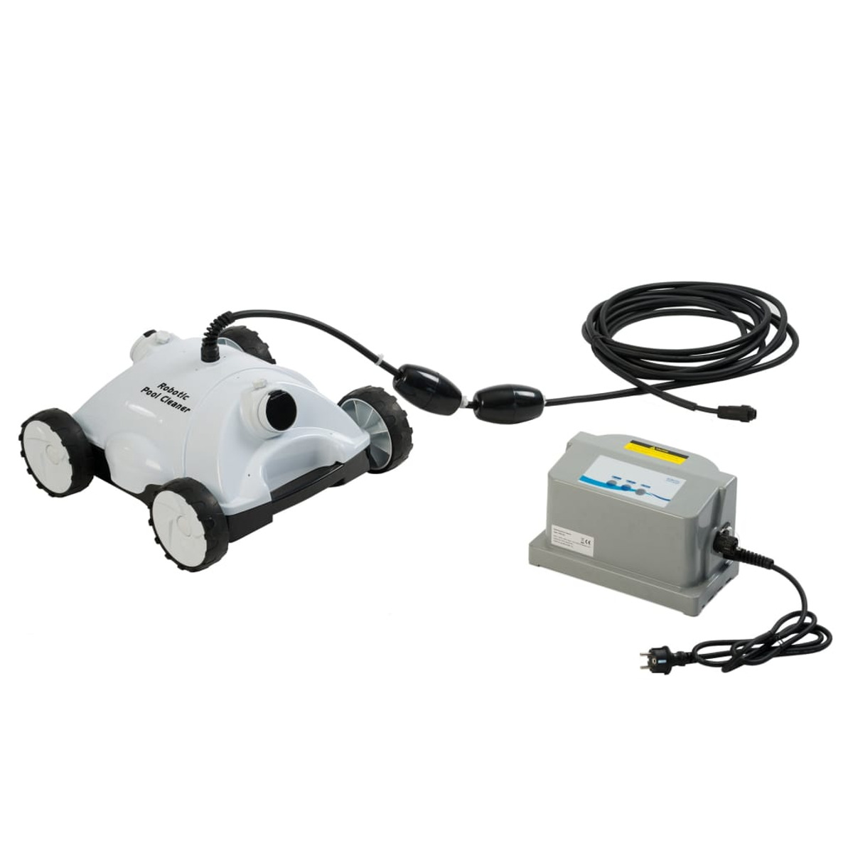 Ein weißer Poolroboter mit schwarzem Kabel und Steuereinheit.
