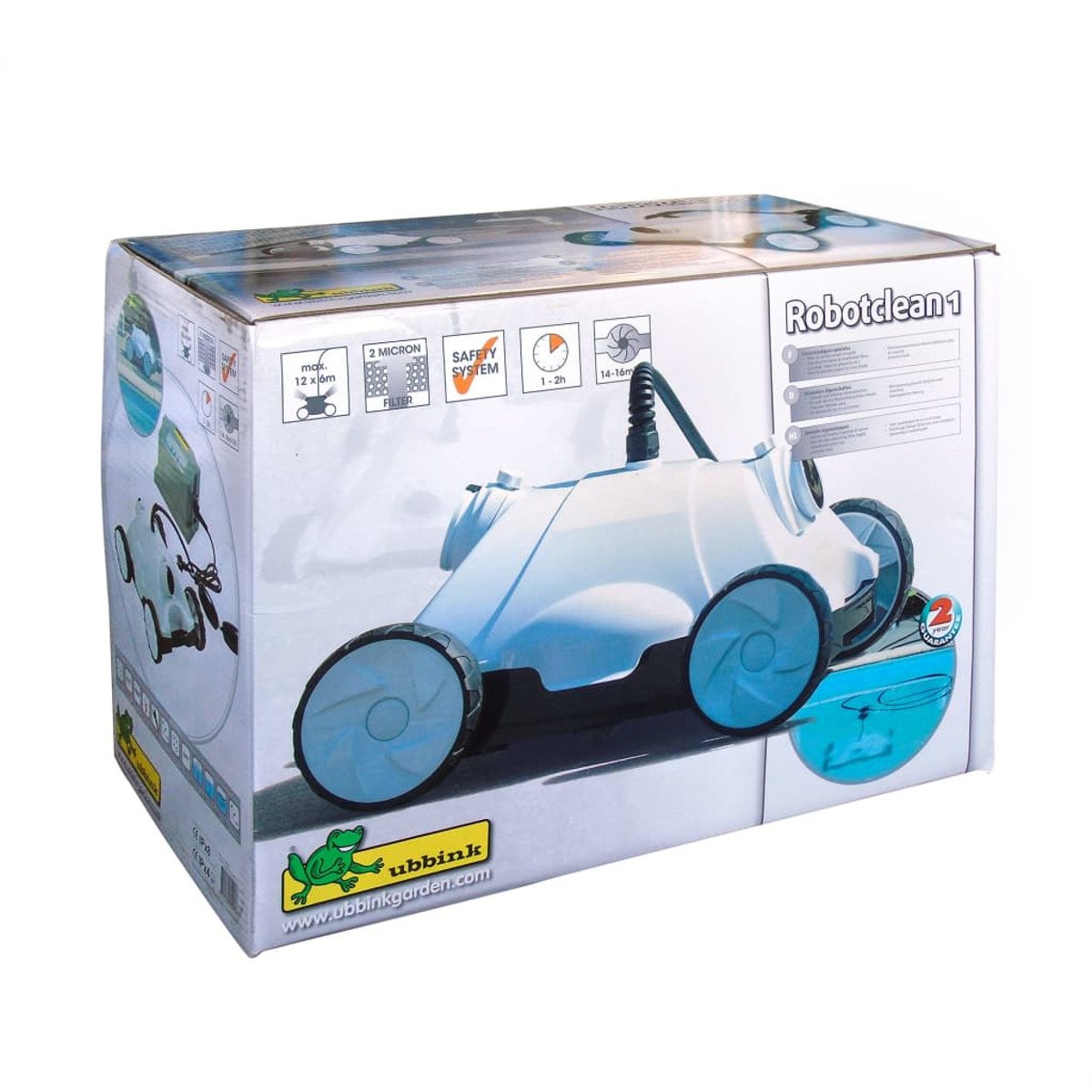 Verpackung eines weißen Poolroboters mit blauen Rädern und dem Logo "ubbink".
