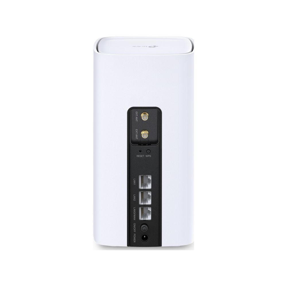 Weiße TP-Link Router-Rückseite mit Anschlüssen: 2 EXT ANT, RESET/WPS, LAN1, LAN2, LAN3/WAN, ON/OFF/POWER.