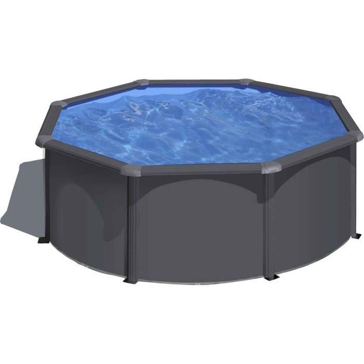 Ein achteckiges, aufstellbares Schwimmbecken mit grauen Wänden und klarem Wasser.