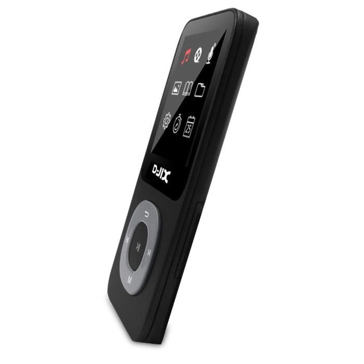 Schwarzer tragbarer MP3-Player mit Farbdisplay und Navigationsknöpfen.