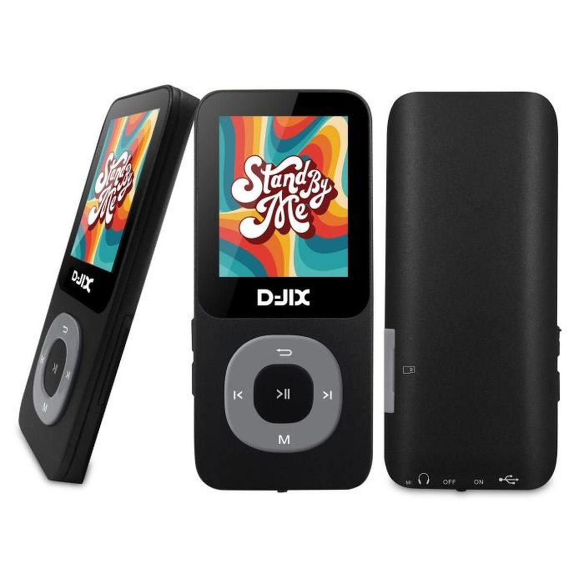 Drei schwarze MP3-Player mit farbigem Bildschirm, der 'Stand By Me' anzeigt.