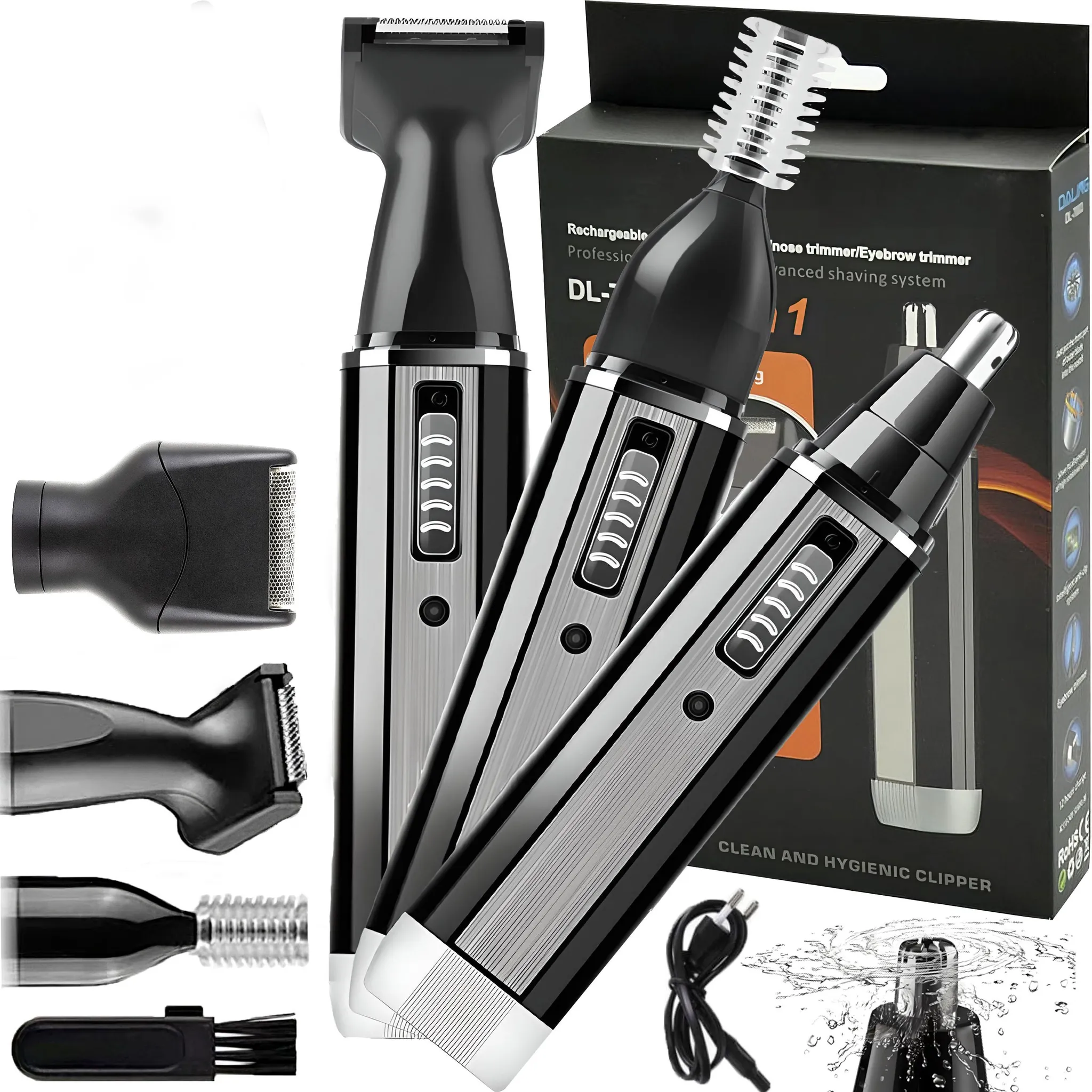 Ein wiederaufladbarer 3-in-1-Trimmer mit Zubehör und Verpackung.
