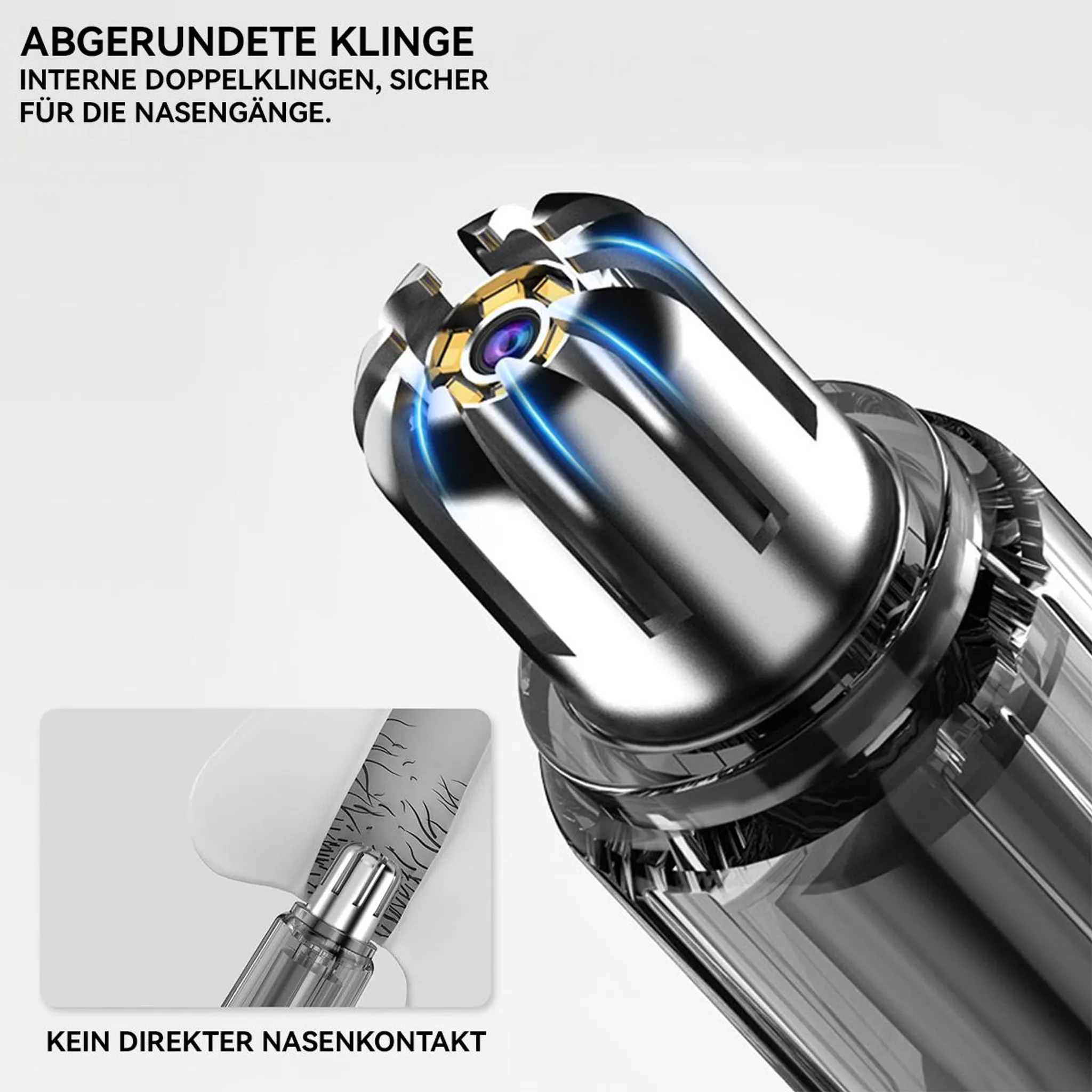 Detailansicht eines silbernen Nasentrimmers mit integrierten Klingen und blauem Licht.
