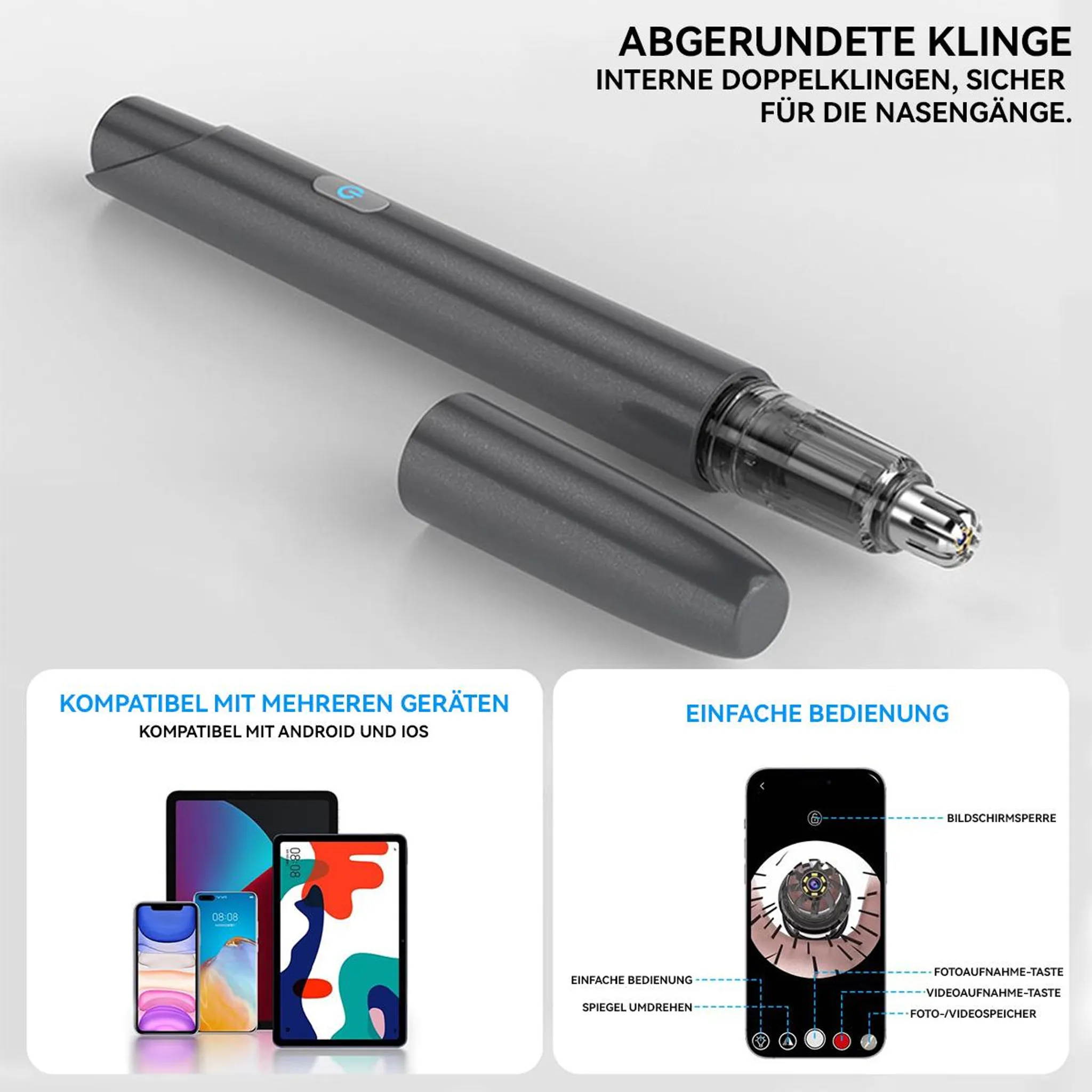 Ein dunkler Nasenhaartrimmer mit abgerundeter Klinge und Zubehör.