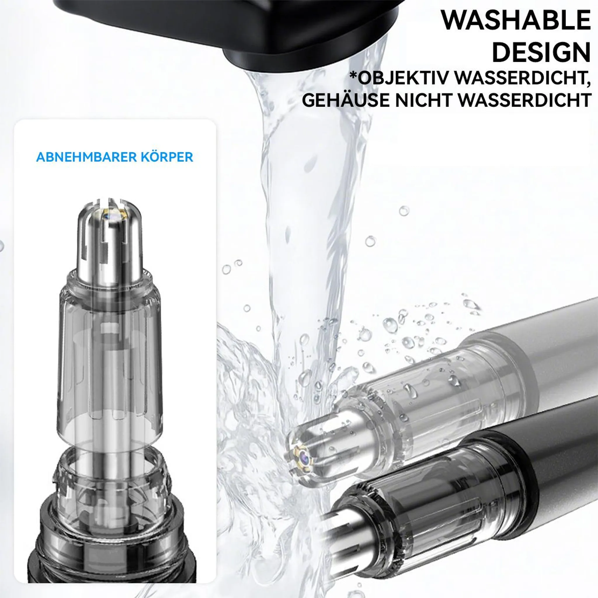 Ein abnehmbarer Nasentrimmer wird unter fließendem Wasser gezeigt.