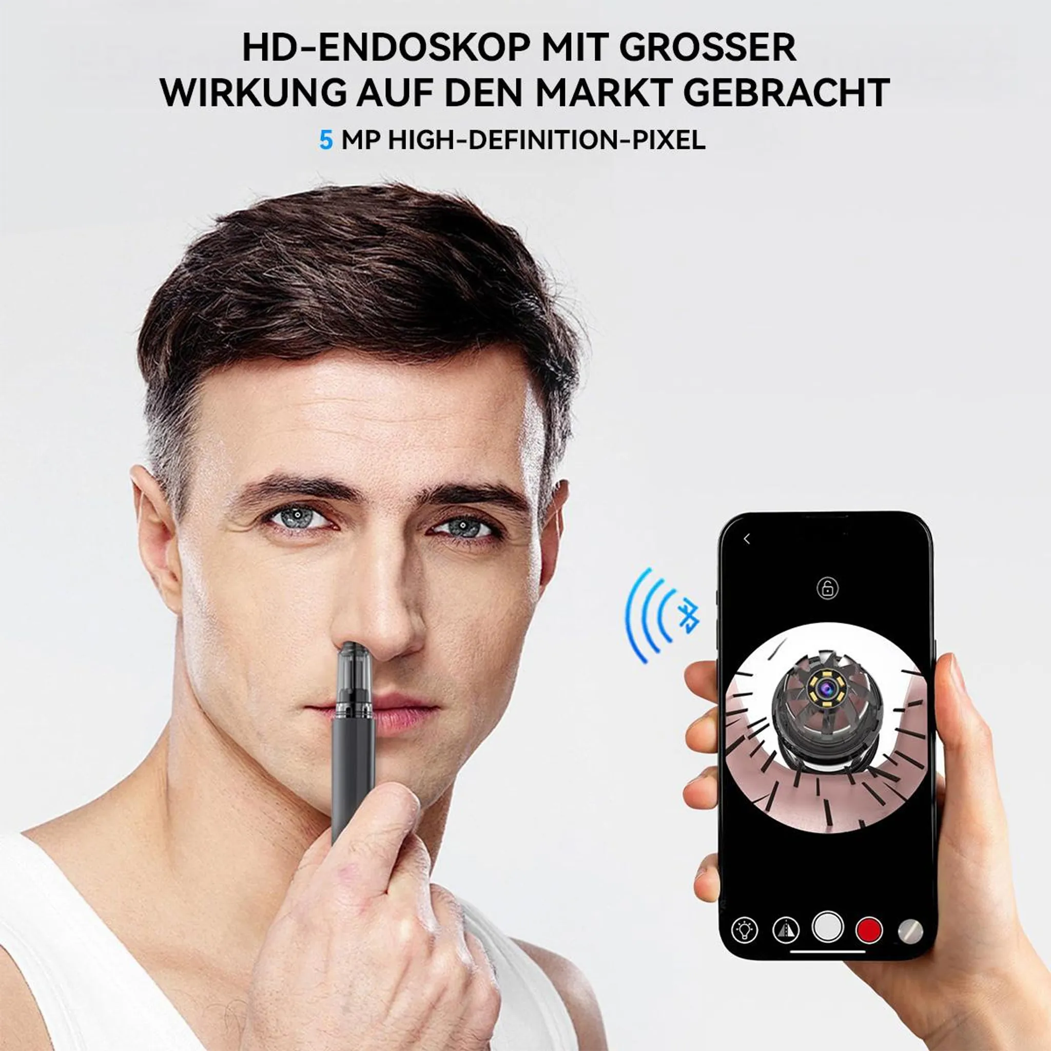 Mann benutzt Nasenhaartrimmer, Handy zeigt Kameraansicht des Trimmers.