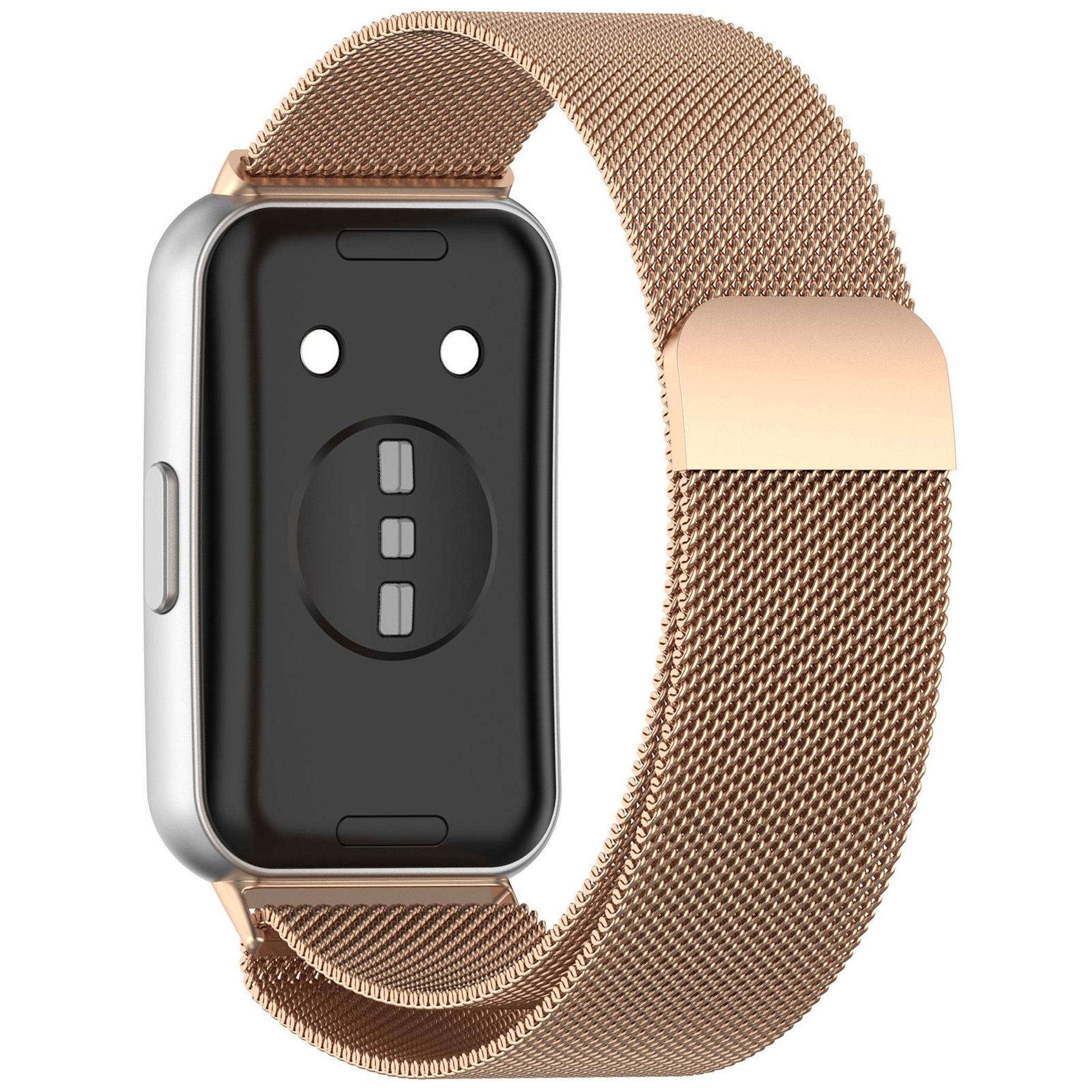 Eine Smartwatch mit silbernem Gehäuse und roségoldfarbenem Mesh-Armband.