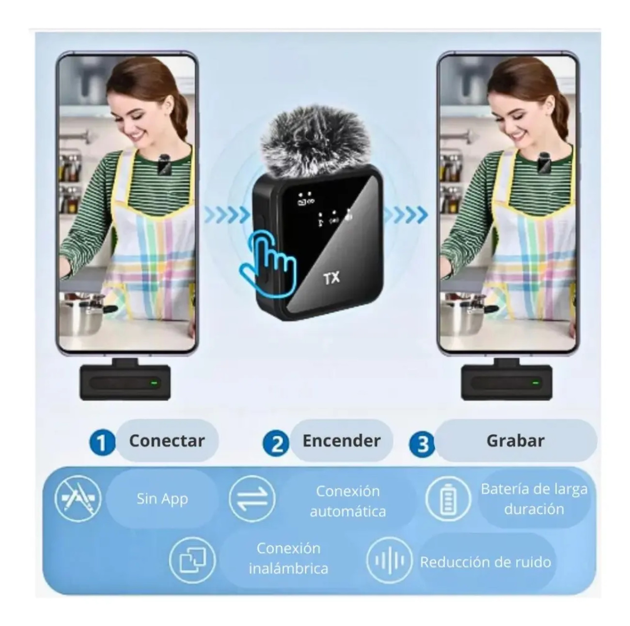 Mujer en cocina con micrófono; guía: conectar, encender, grabar. Inalámbrico.