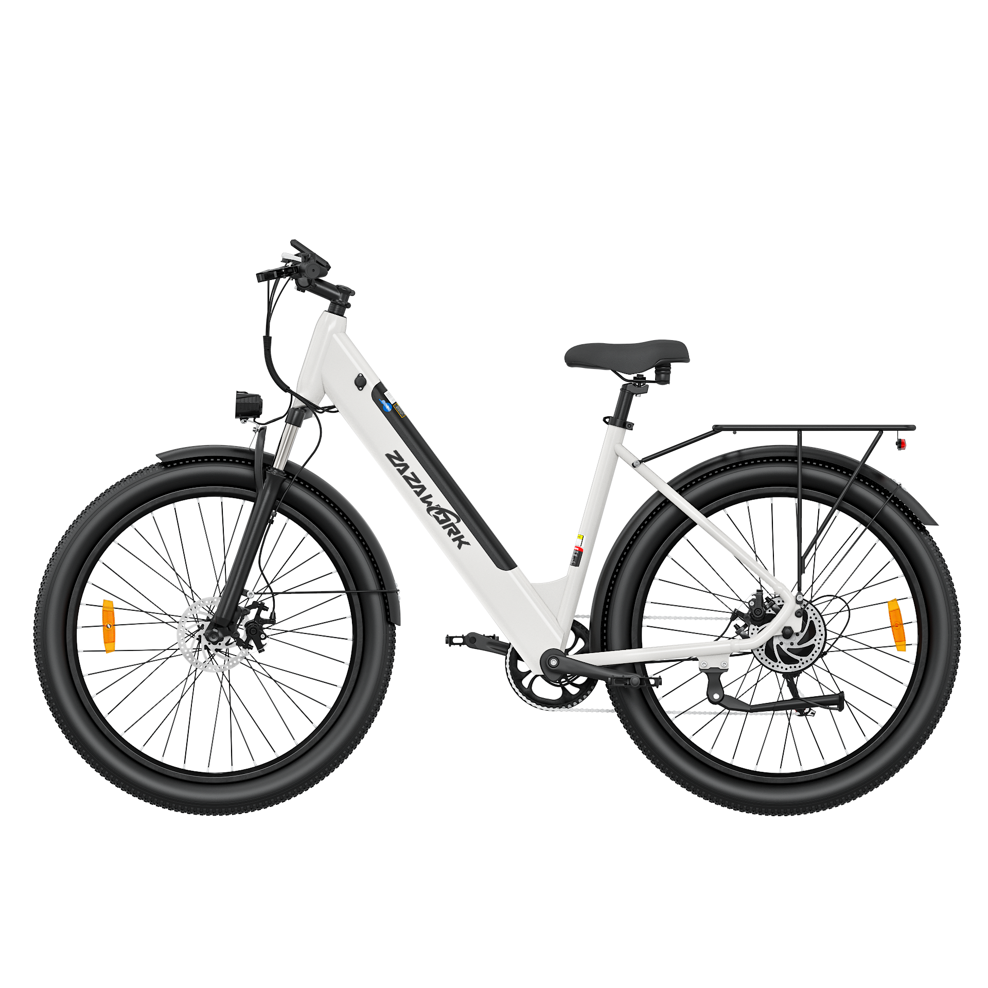 Weißes E-Bike mit schwarzen Reifen, Sitz und Gepäckträger. Scheibenbremsen und Licht.