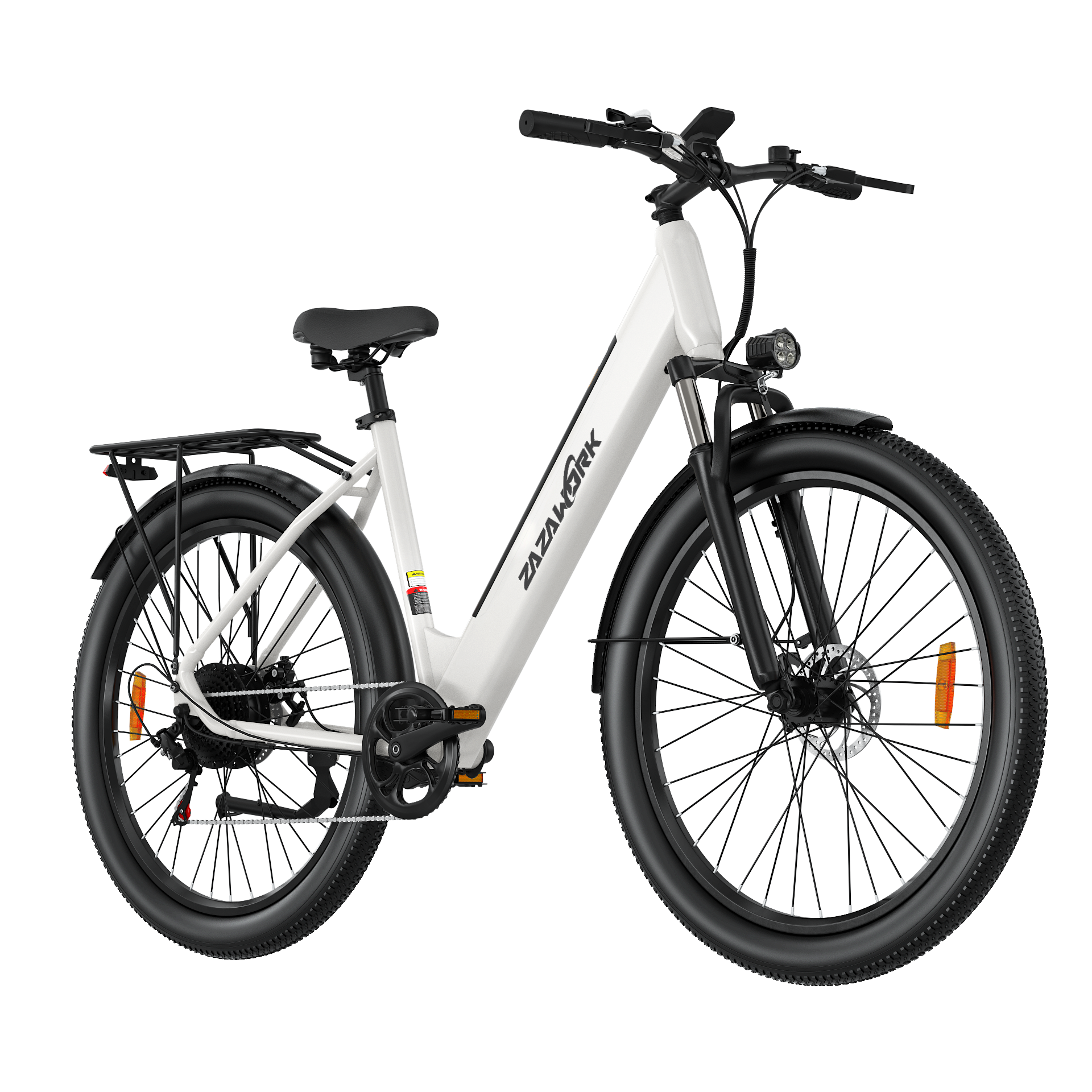 Ein weißes Elektrofahrrad mit schwarzer Federgabel, Reifen und Gepäckträger.