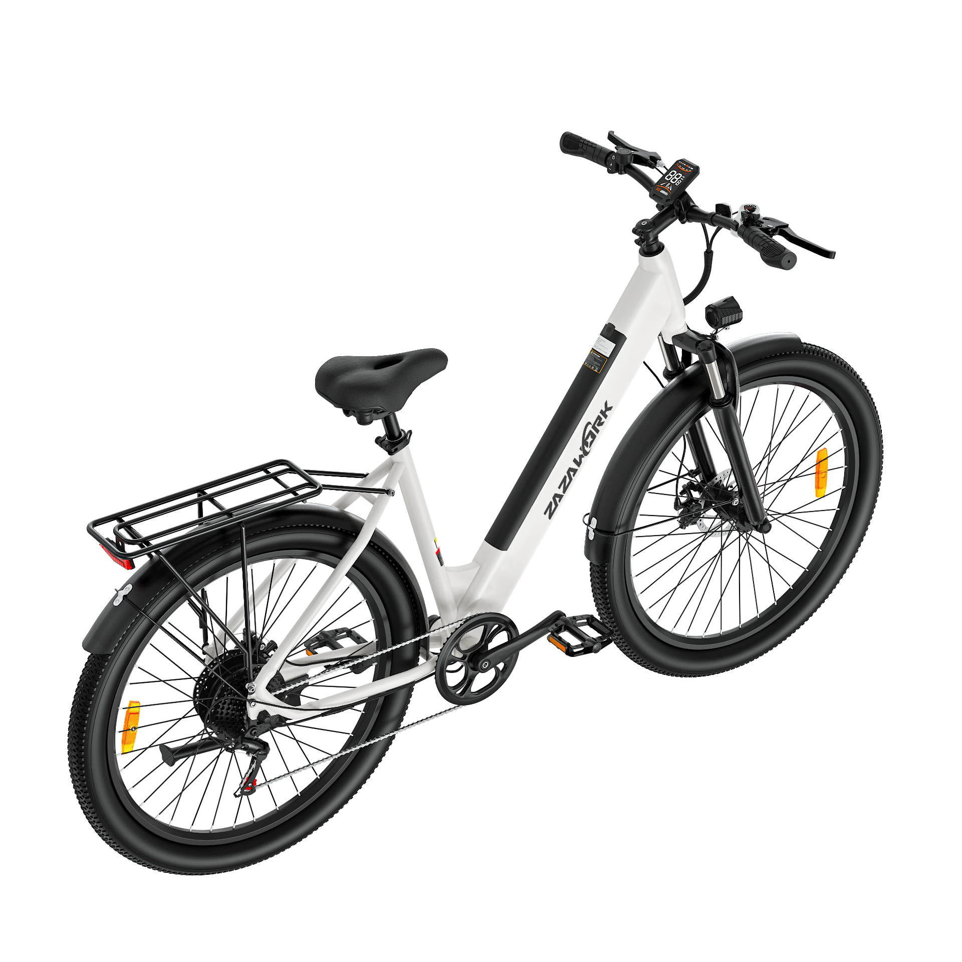 Weißes E-Bike mit schwarzem Sitz, Gepäckträger und Schutzblechen. Digitalanzeige am Lenker.