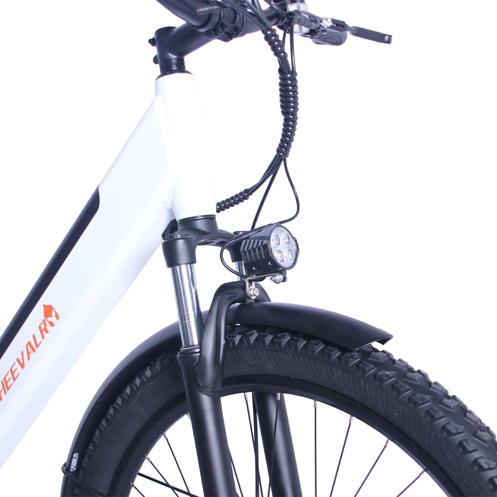 Vorderansicht eines weißen E-Bikes mit schwarzem Kotflügel, Lampe und Reifen.