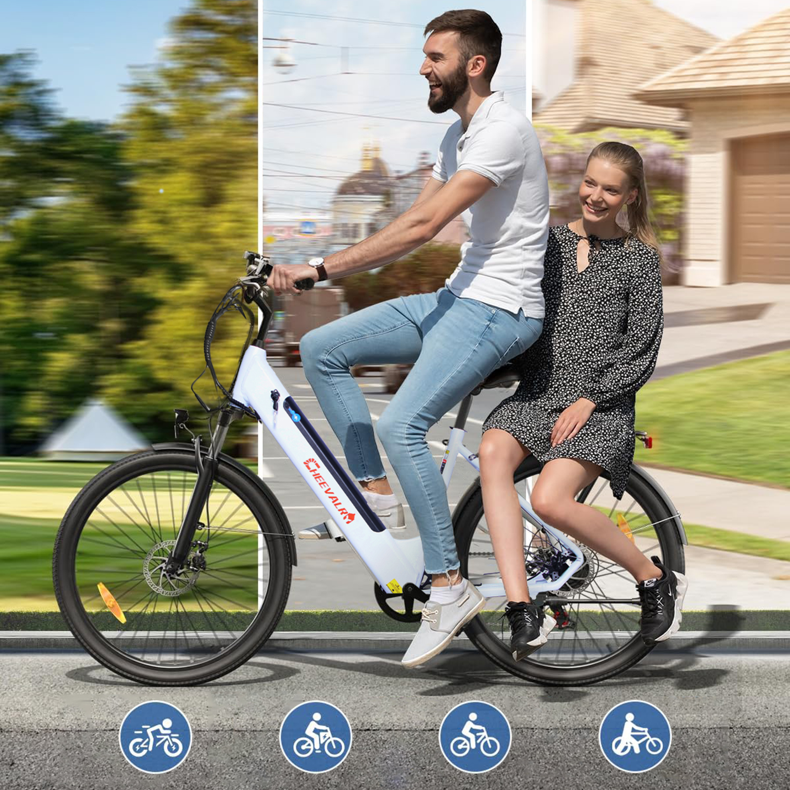 Mann und Frau fahren zusammen auf einem weißen E-Bike durch verschiedene Landschaften.