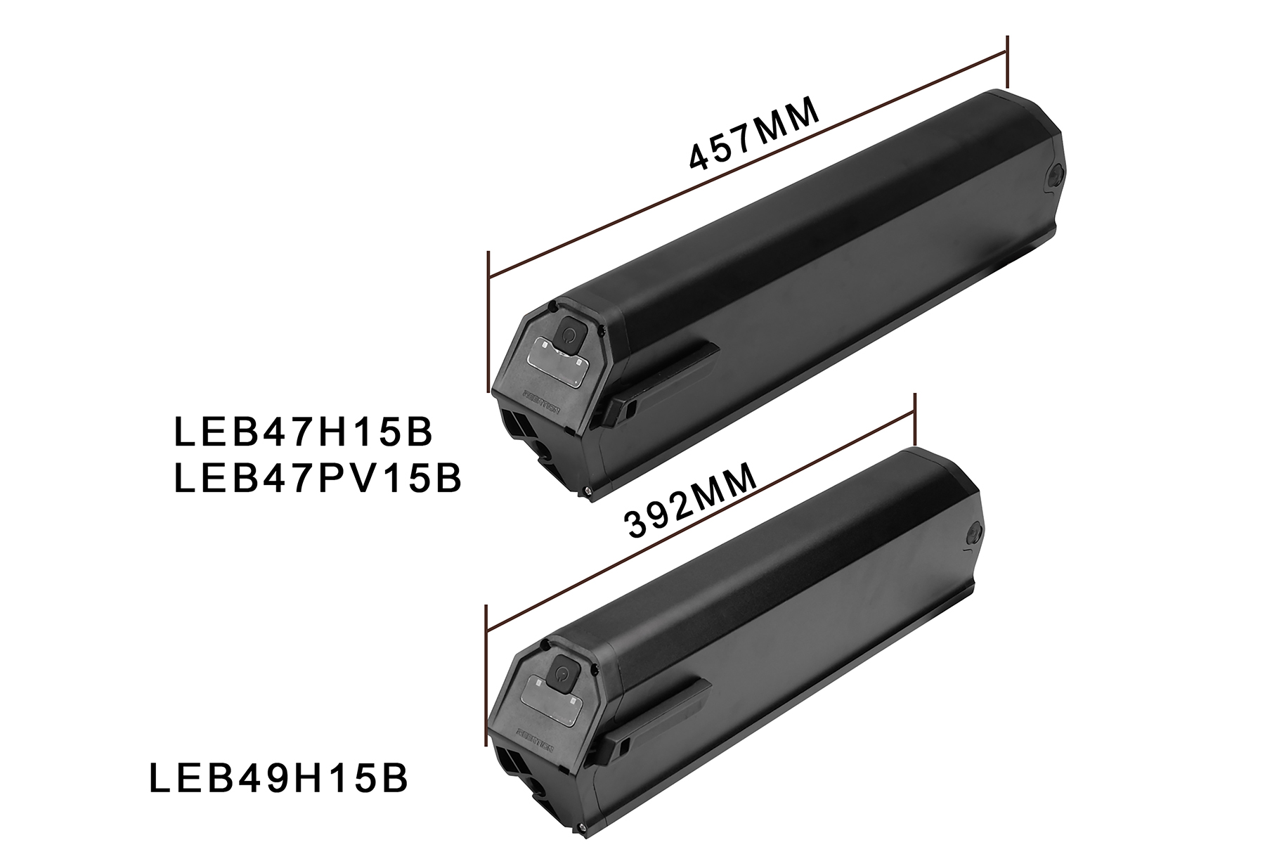 Zwei schwarze Akkus, einer 457mm lang, der andere 392mm. Beschriftungen daneben.