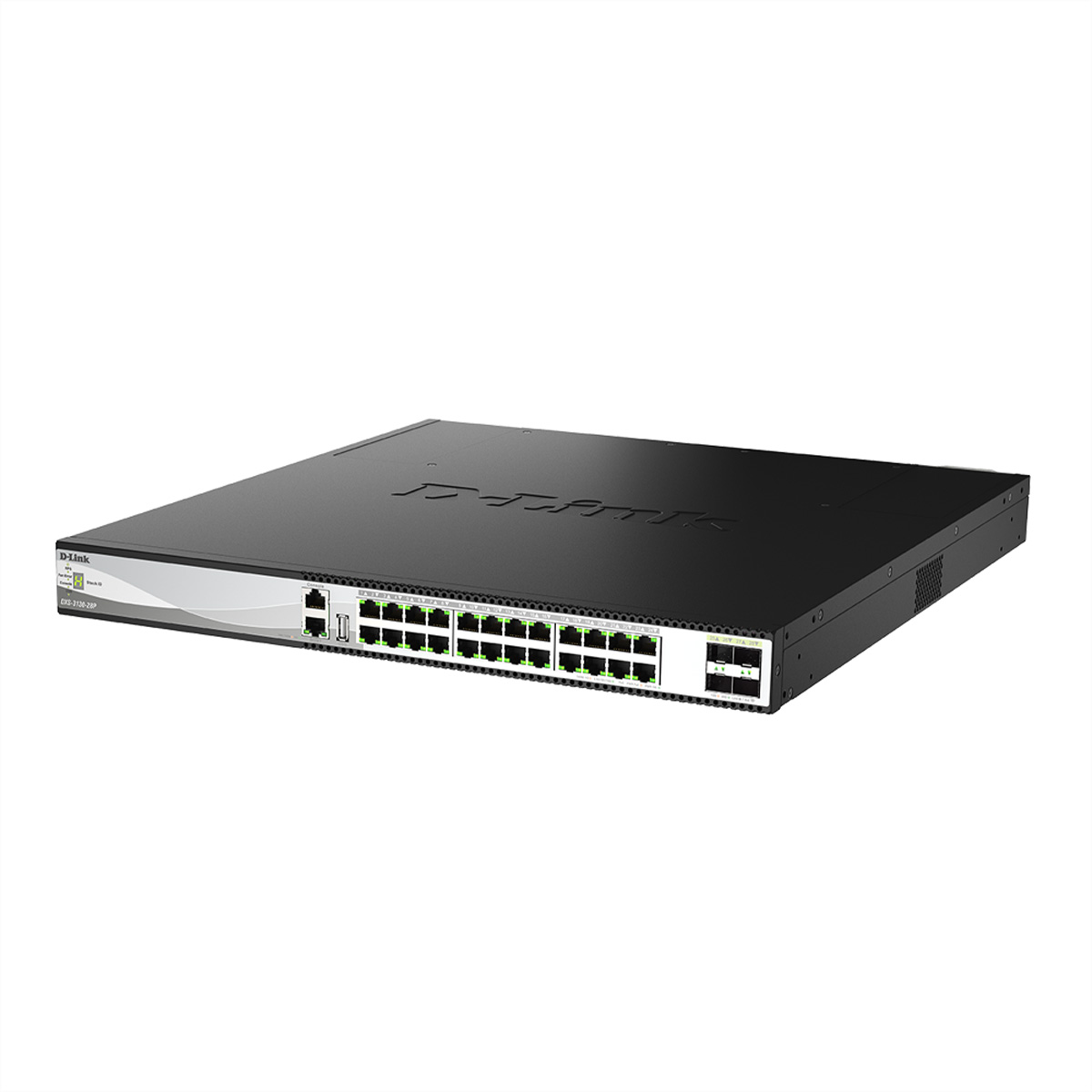 Uno switch di rete D-Link nero con molte porte Ethernet verdi e spie di stato.