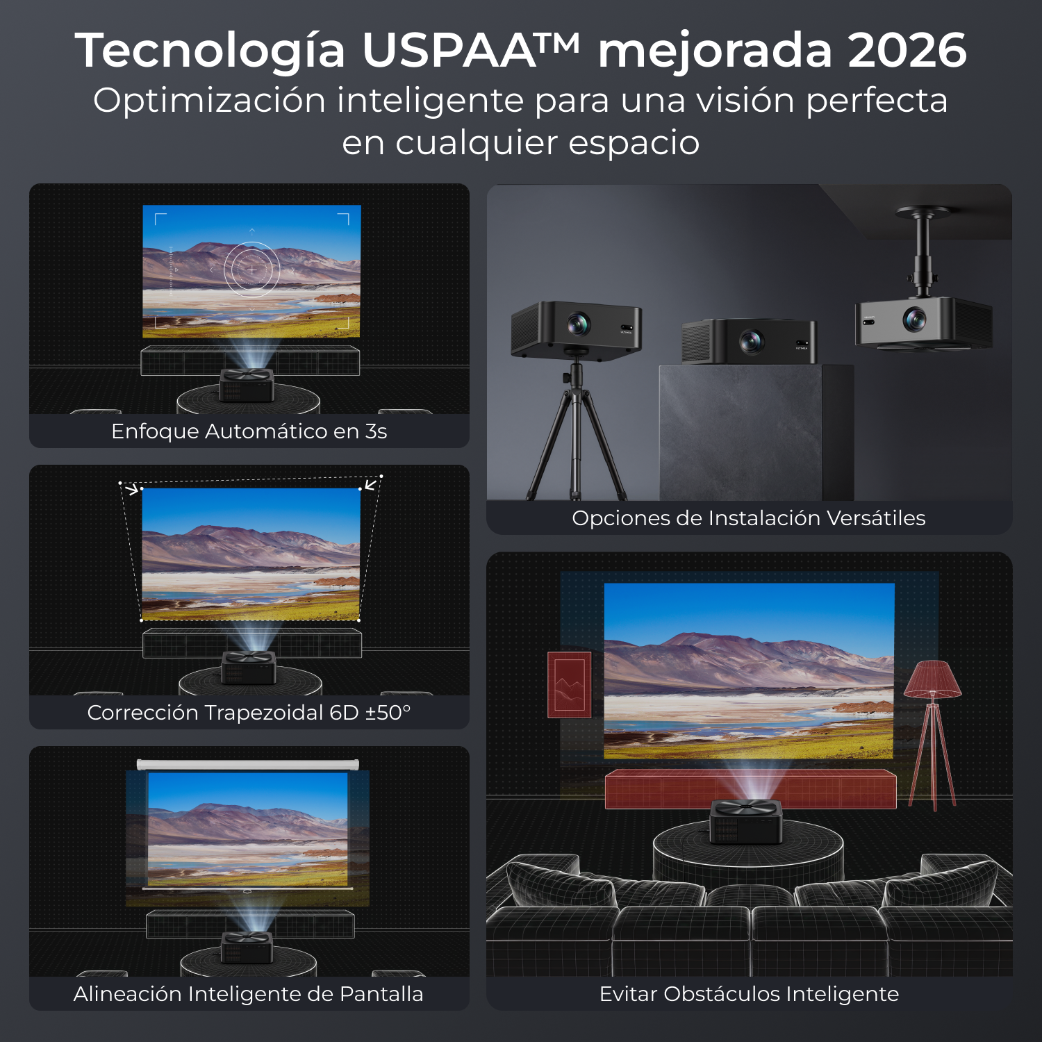 Proyector con funciones de enfoque, trapezoidal y alineación, instalación versátil.