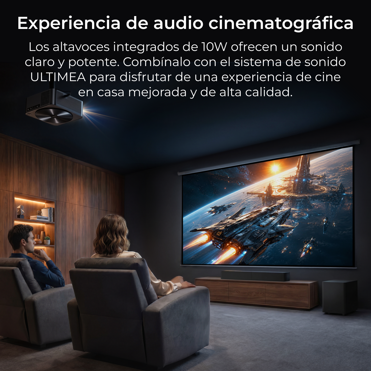 Una pareja mira una gran pantalla que muestra una nave espacial en el espacio.