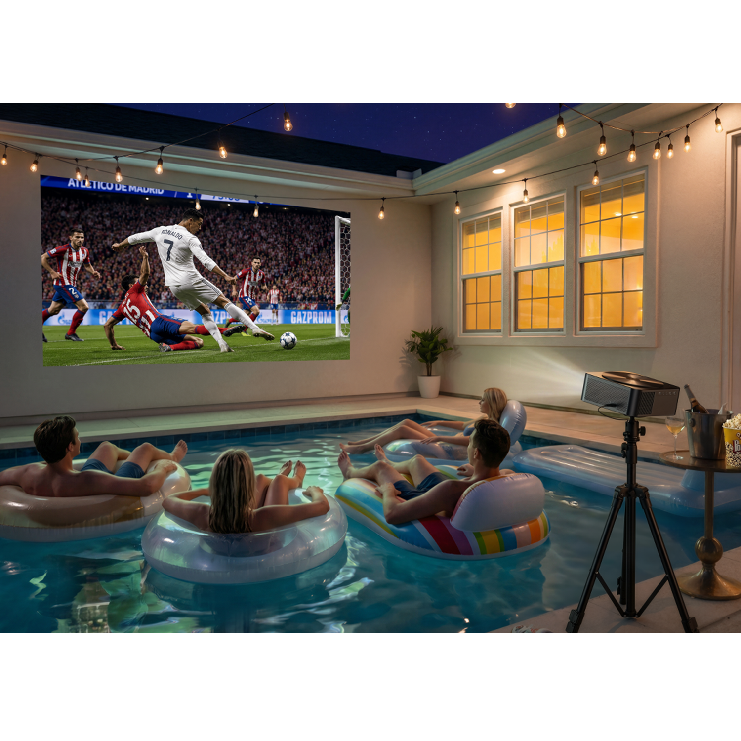 La gente flota en una piscina por la noche viendo un partido de fútbol en una pantalla.