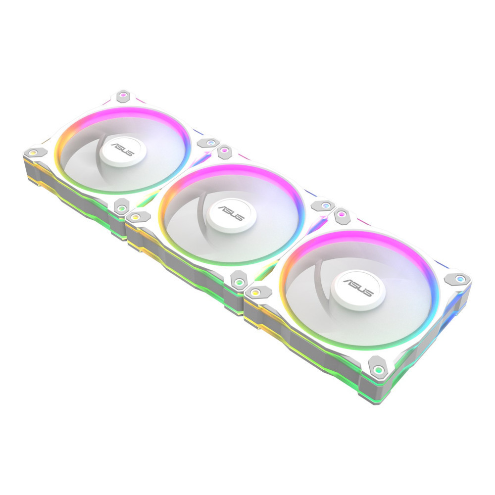 Trzy białe wentylatory komputerowe z podświetleniem RGB na białym tle.