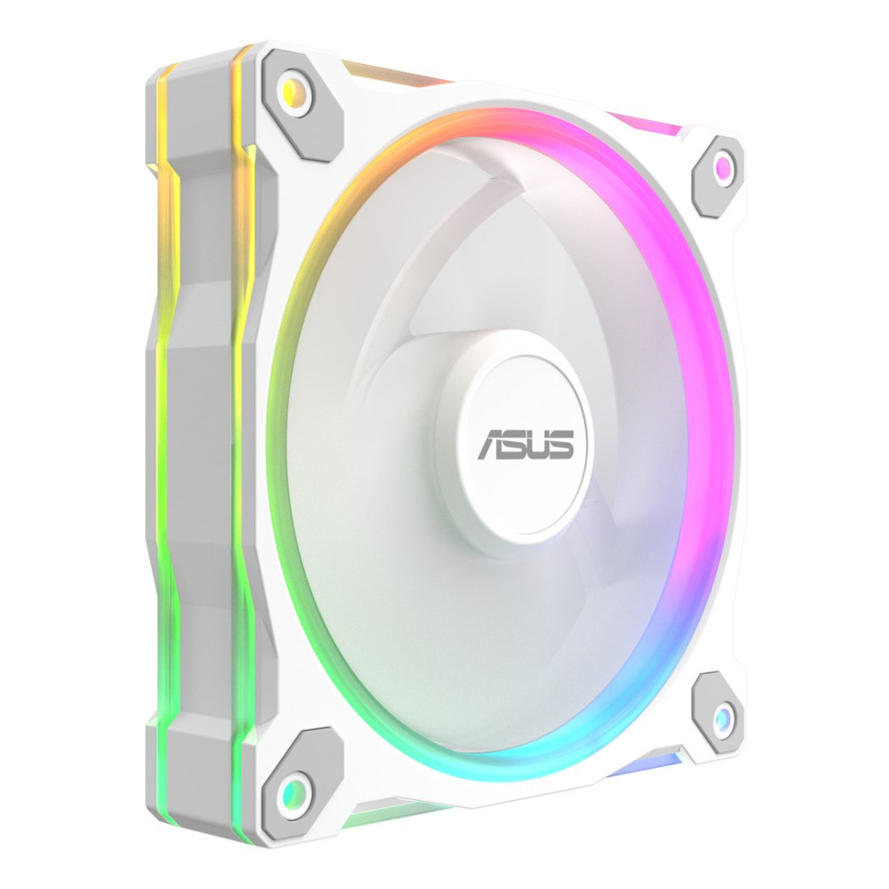 Biały wentylator PC z podświetleniem RGB i logo ASUS.