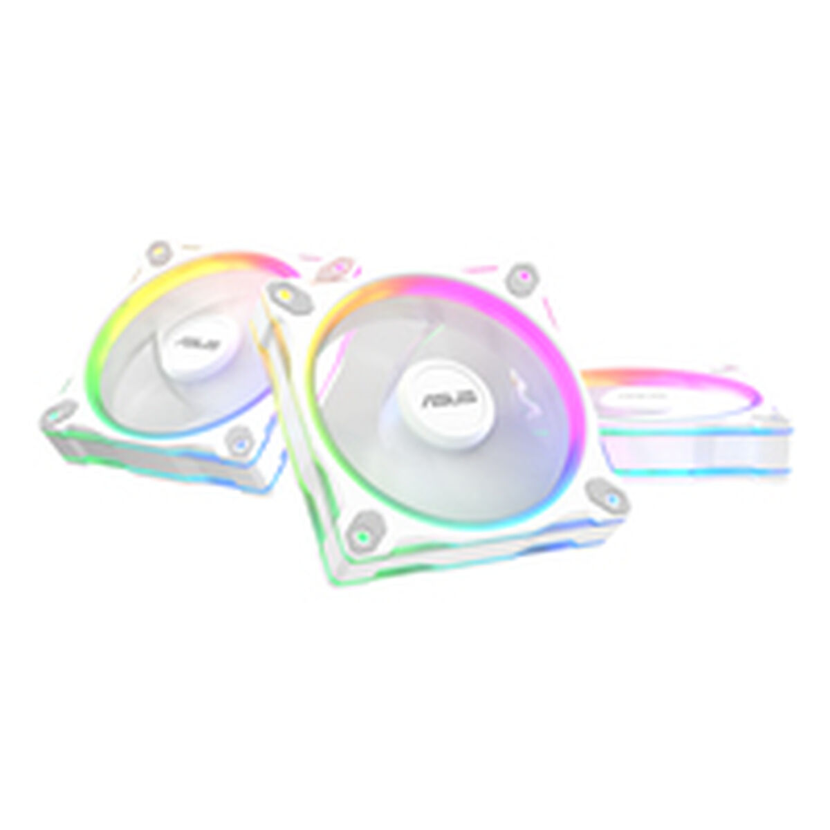 Drei weiße ASUS-Lüfter mit RGB-Beleuchtung, auf weißem Hintergrund.