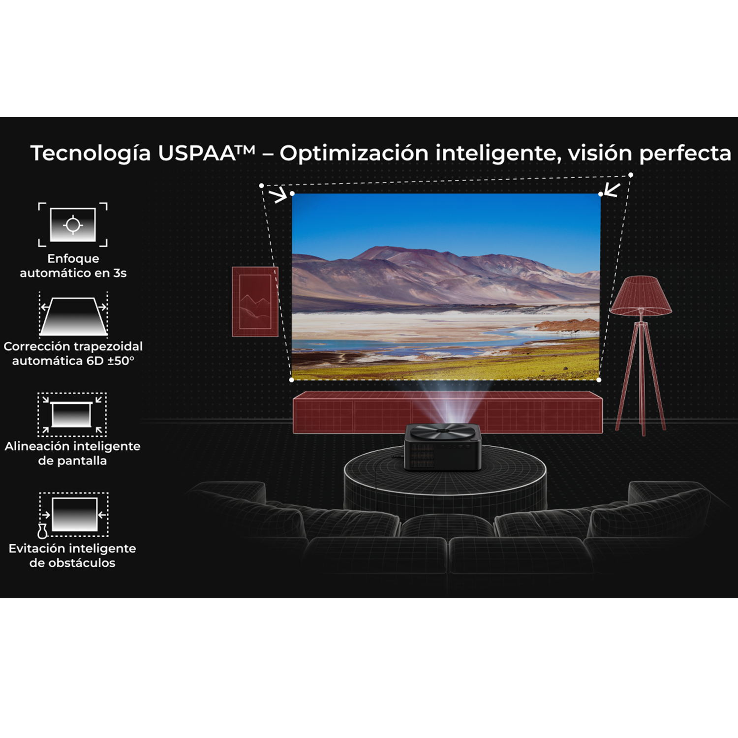 Un proyector muestra una imagen de paisaje con montañas y un lago en una pantalla.