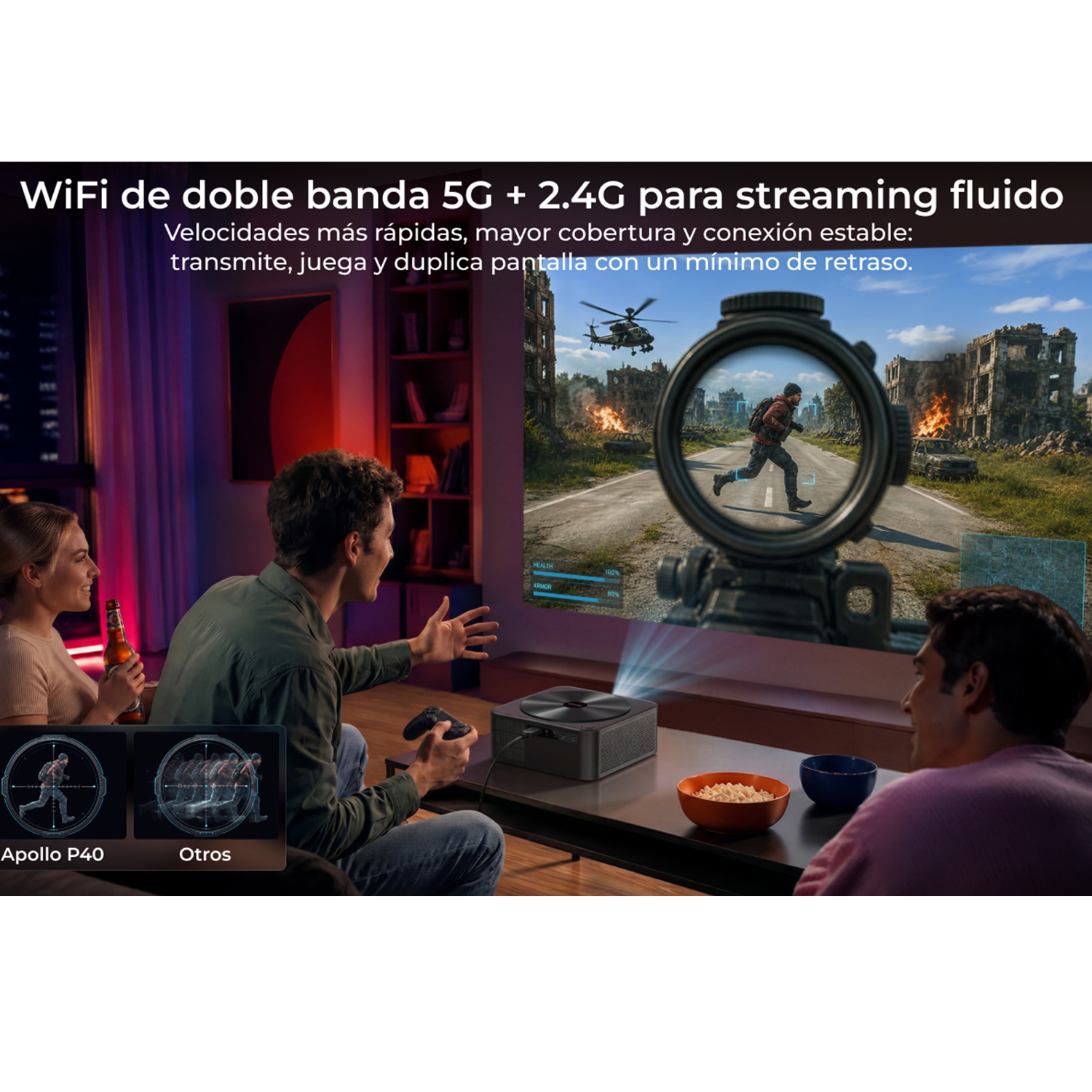 Gente jugando un videojuego en un proyector que muestra una escena de guerra.