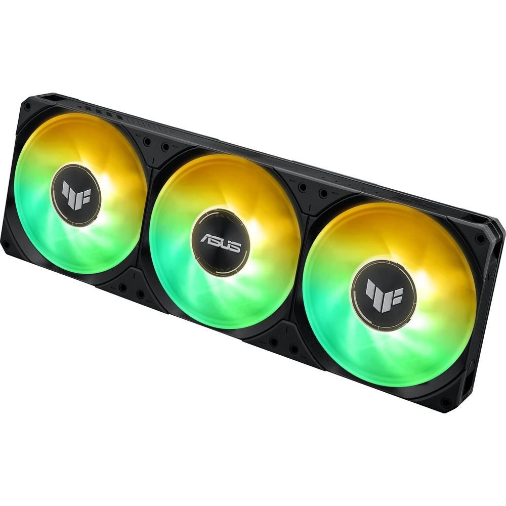 Three PC fans with yellow-green LED lighting and ASUS logo.