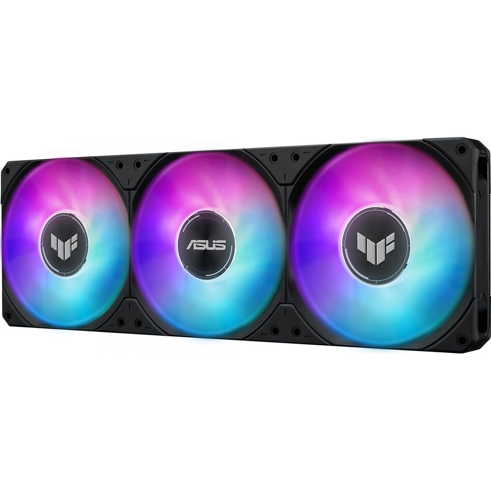 Three black computer fans with RGB lighting in purple and blue, showing ASUS logo.