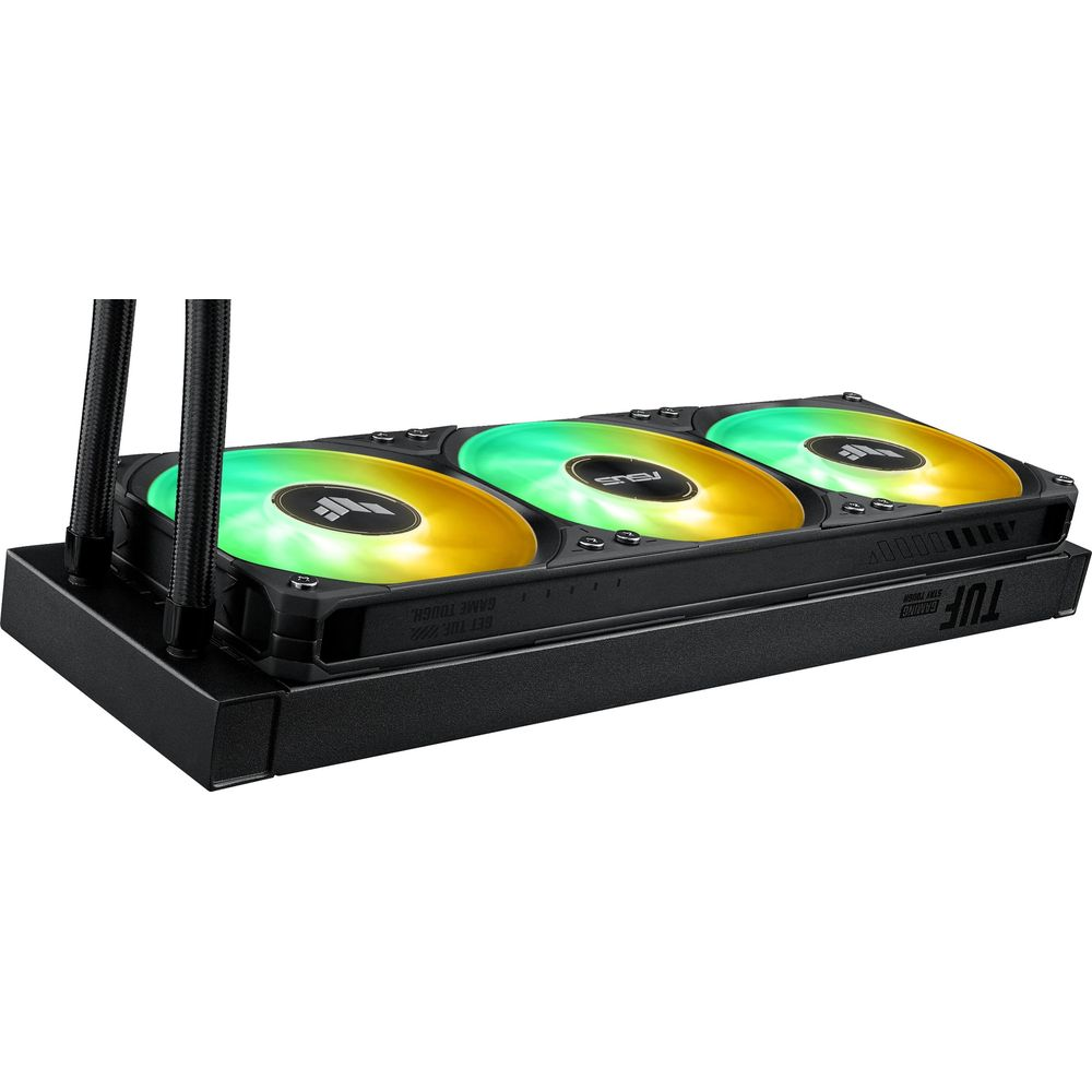 A black PC fan with three illuminated fans, green and yellow.