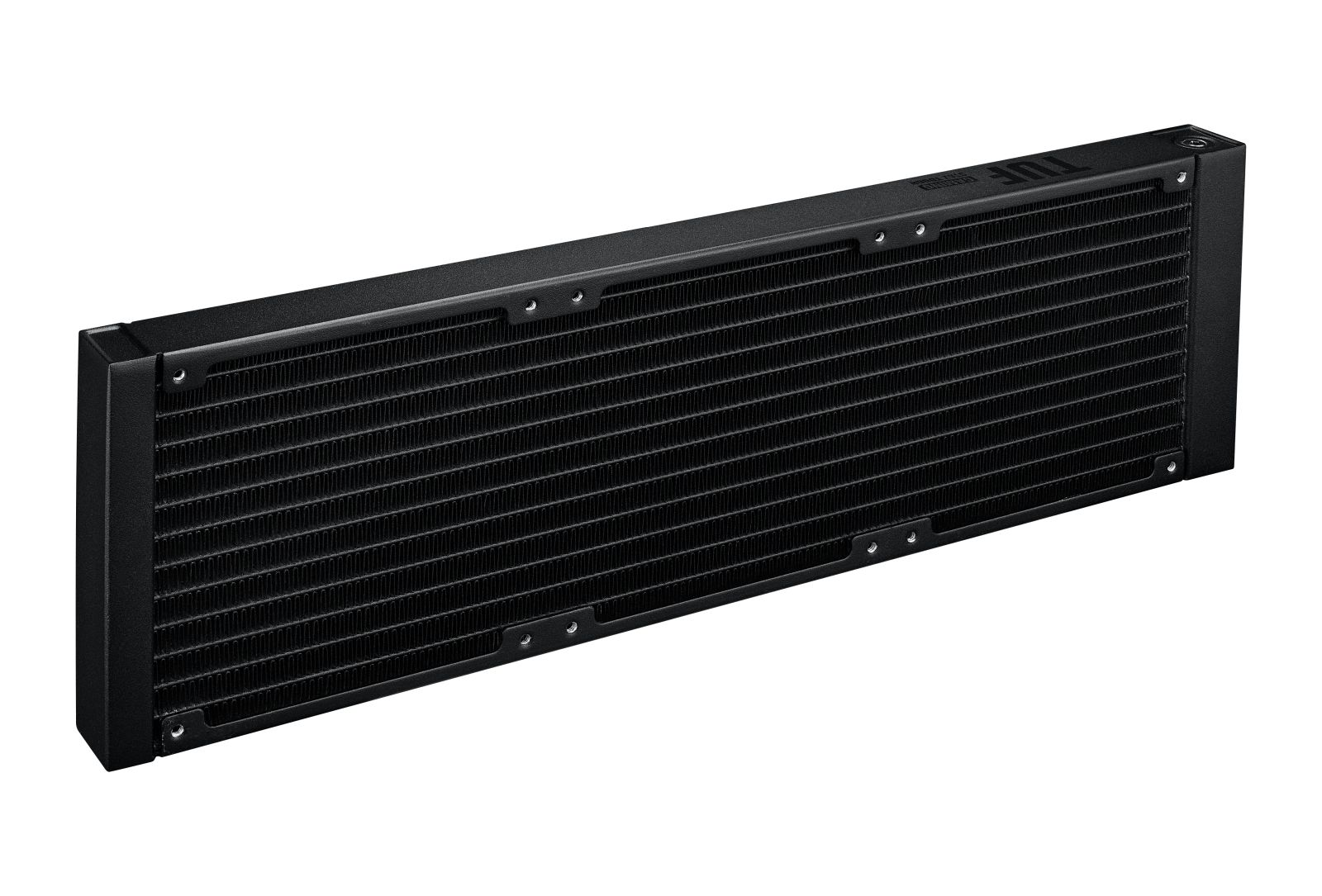 A black computer radiator with fins and screws along the edges.