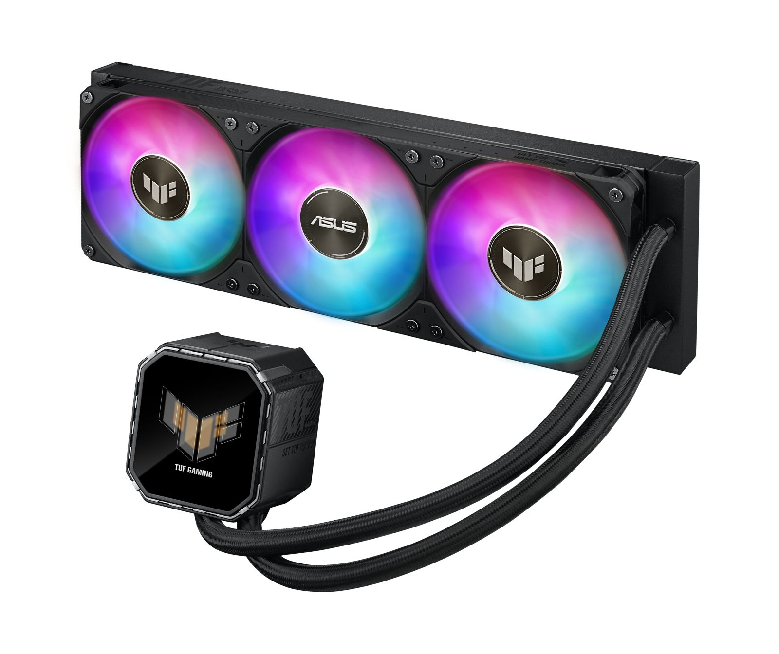 A black computer fan with RGB lighting and a compact black cooler unit.