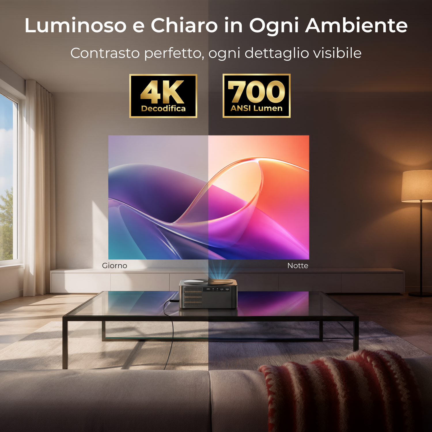Un proiettore mostra un'immagine giorno e notte. 4K, 700 lumen ANSI.