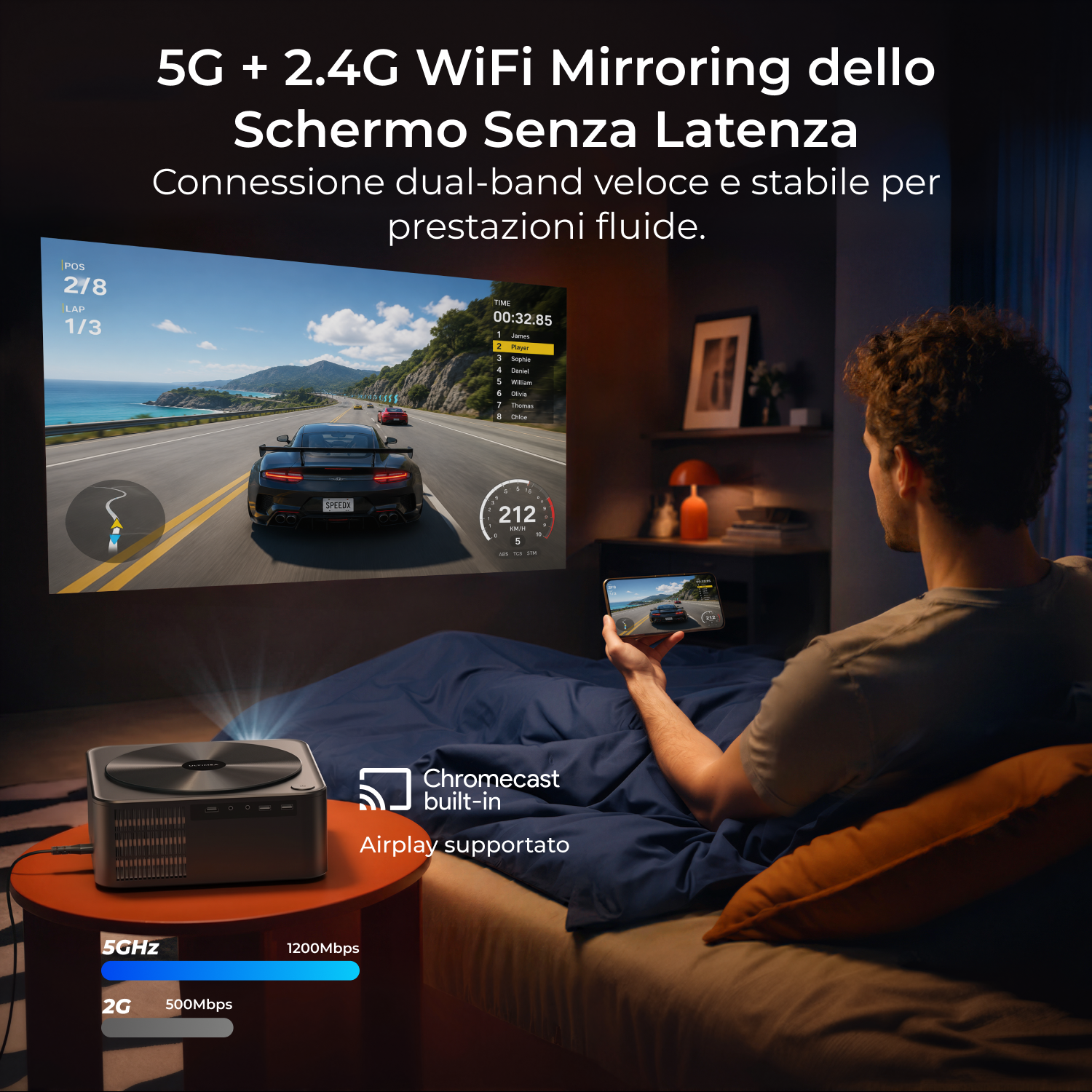 Uomo a letto usa proiettore e smartphone per gioco di corse.